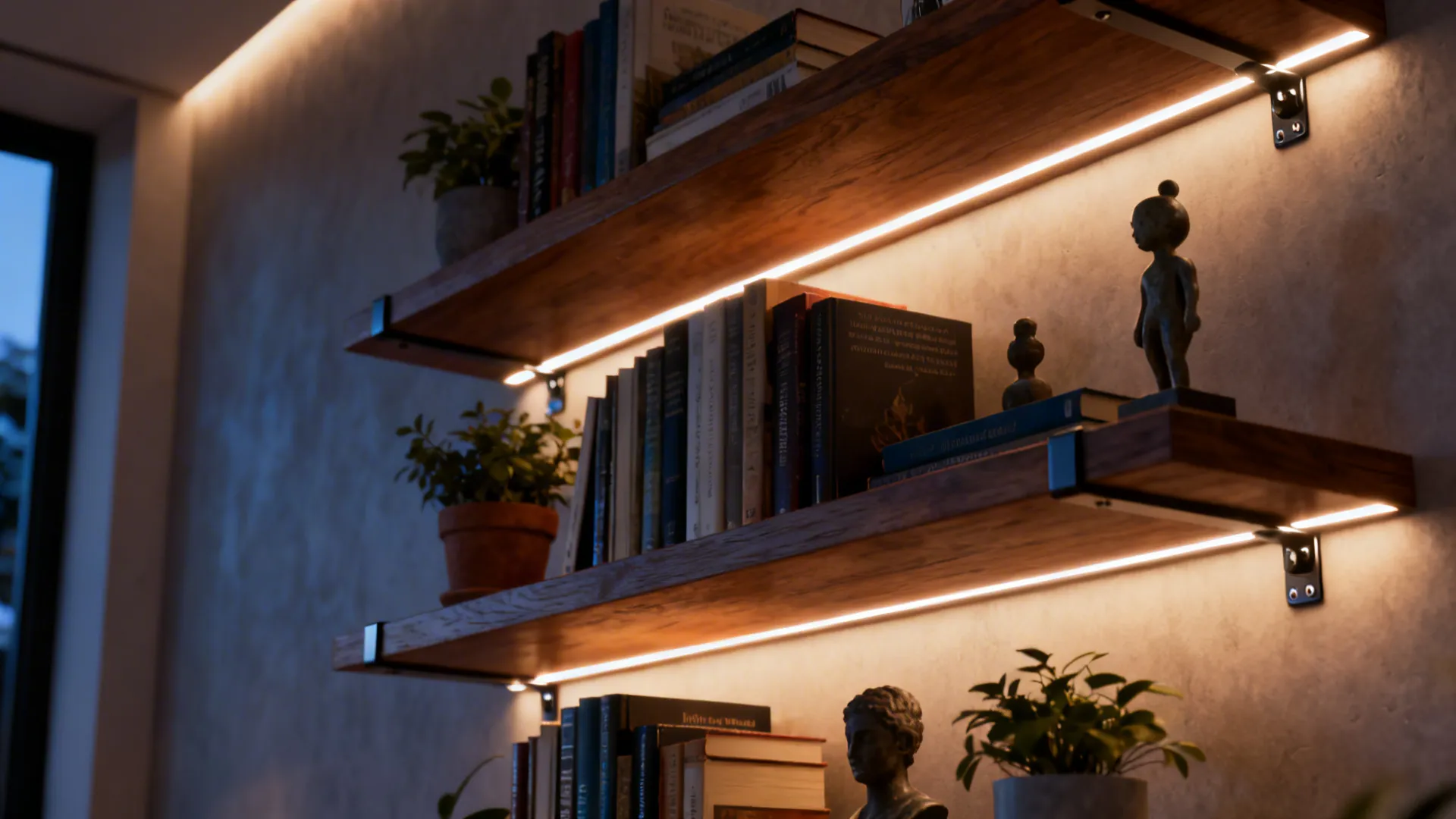 3. Layered shelving and integrated lighting