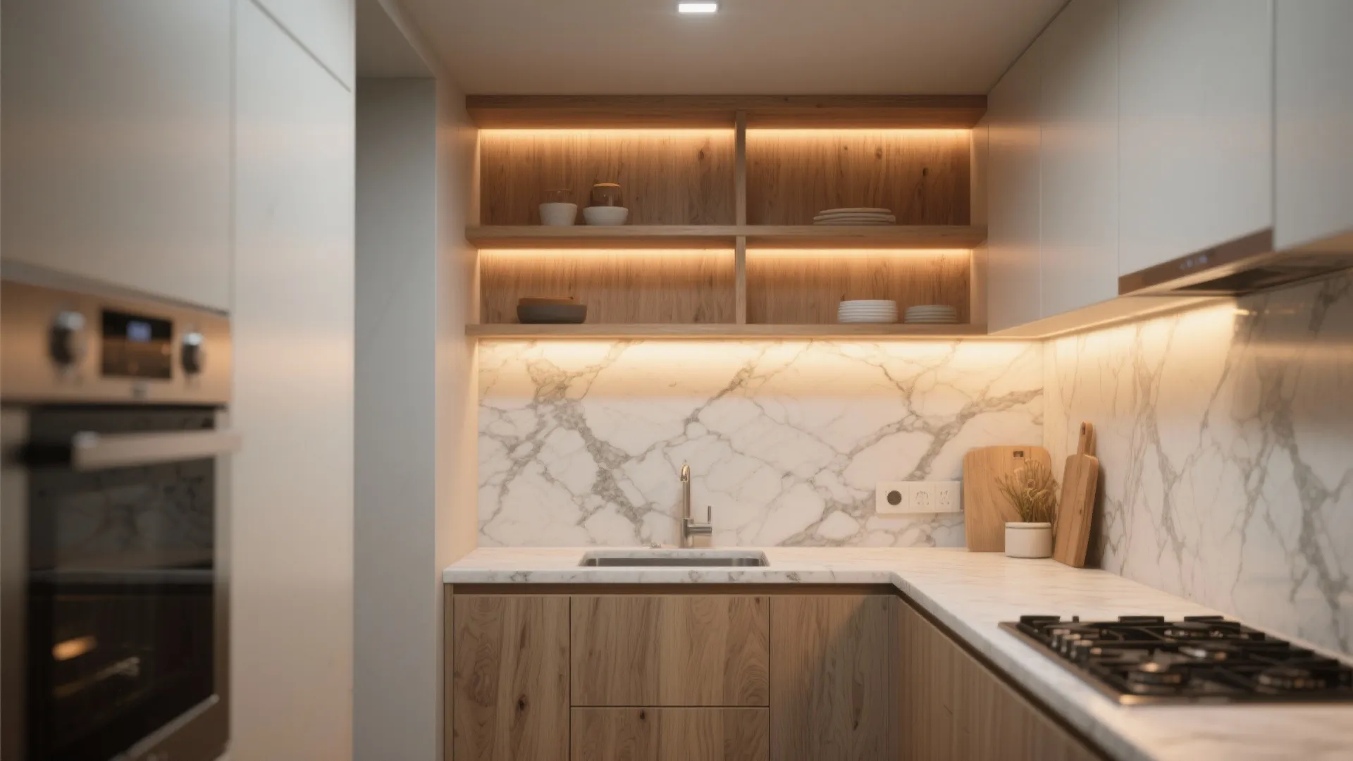 5. Marble with open shelving and integrated lighting