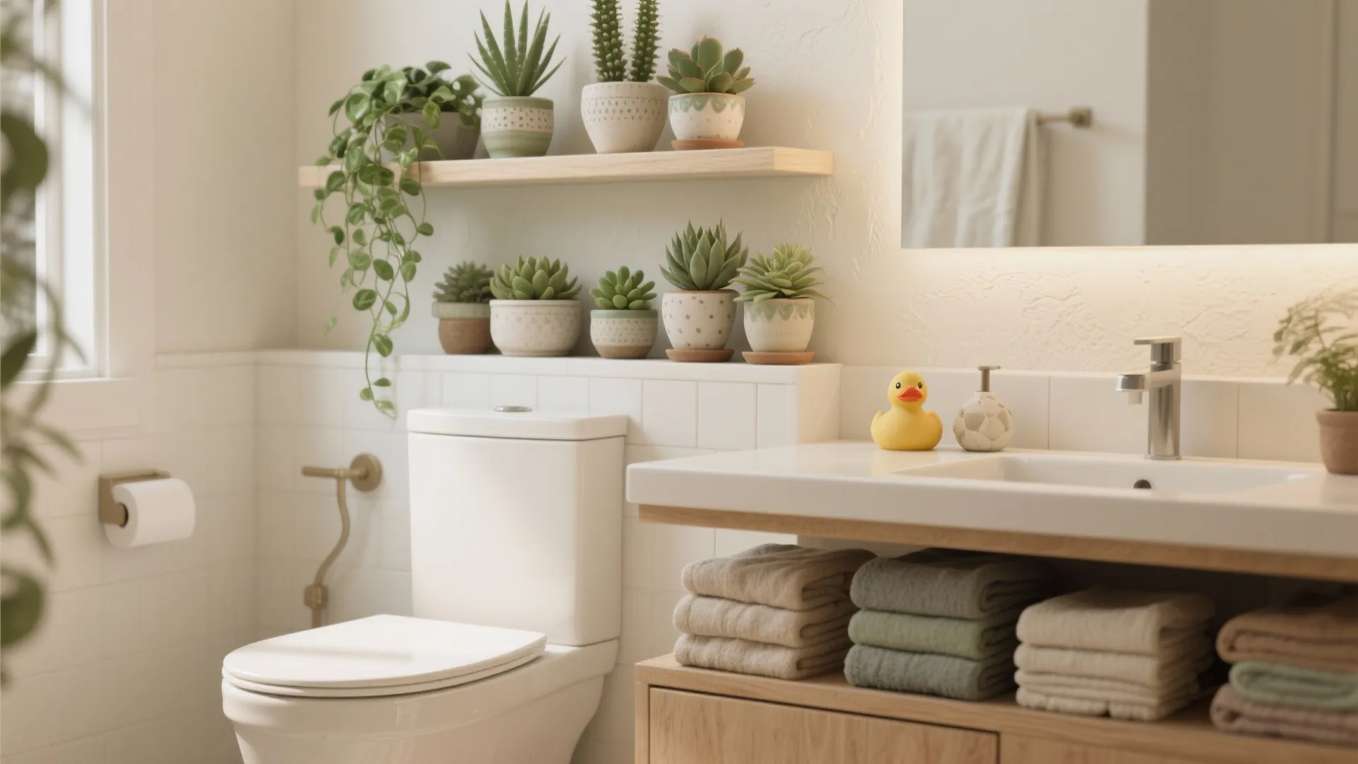 3. Floating Shelves with Plants and Mini Ducks