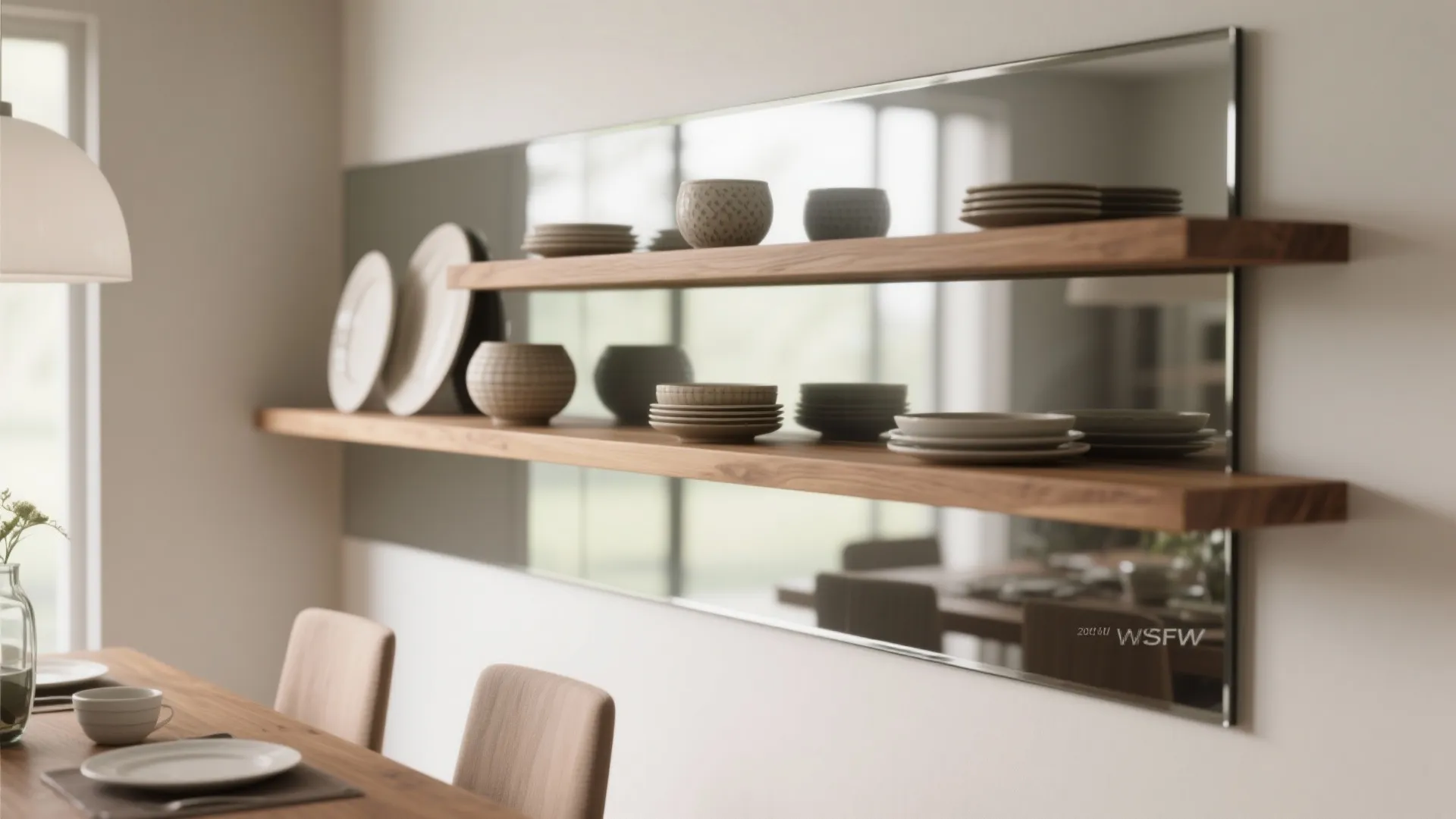 4. Open shelving and mirrored backdrop