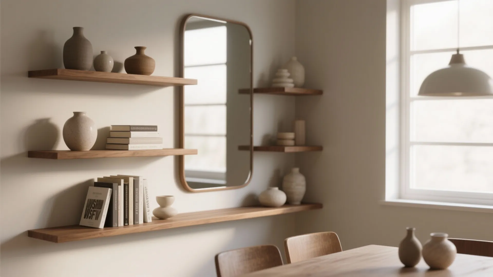 5. Floating shelves and a mirror to expand depth
