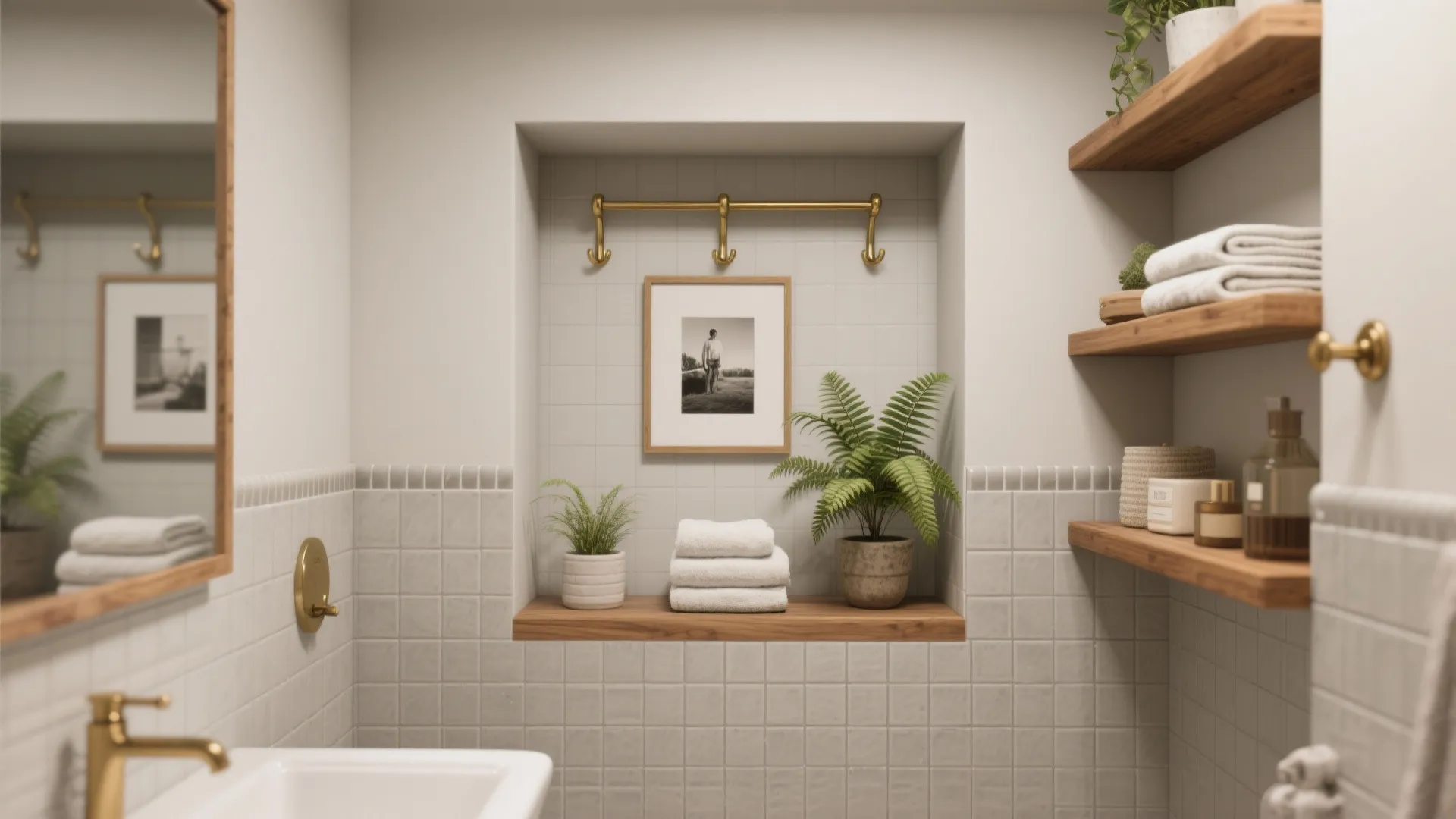Bathroom wall niche with wooden shelf holding white towels green plants and golden wall hooks