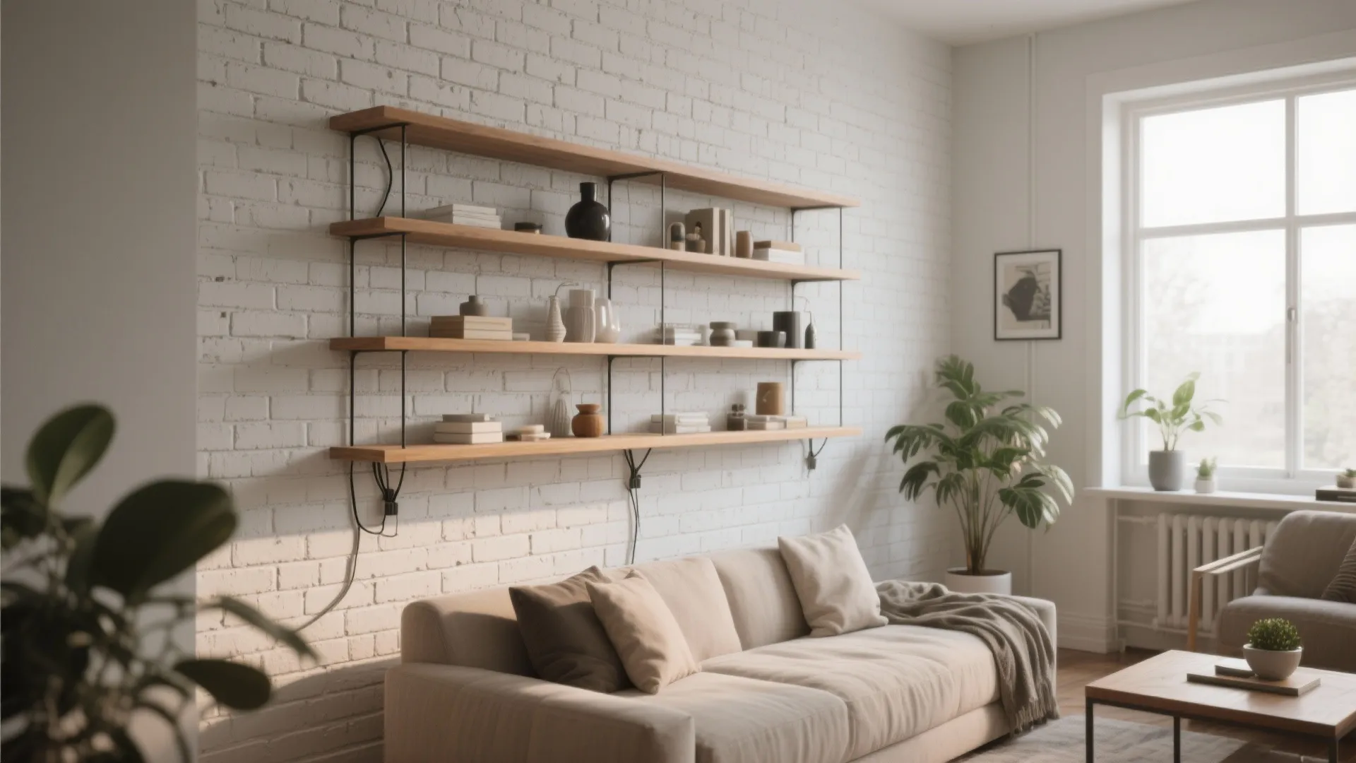 Bright living room with wooden shelves on white brick wall beige sofa and indoor plants