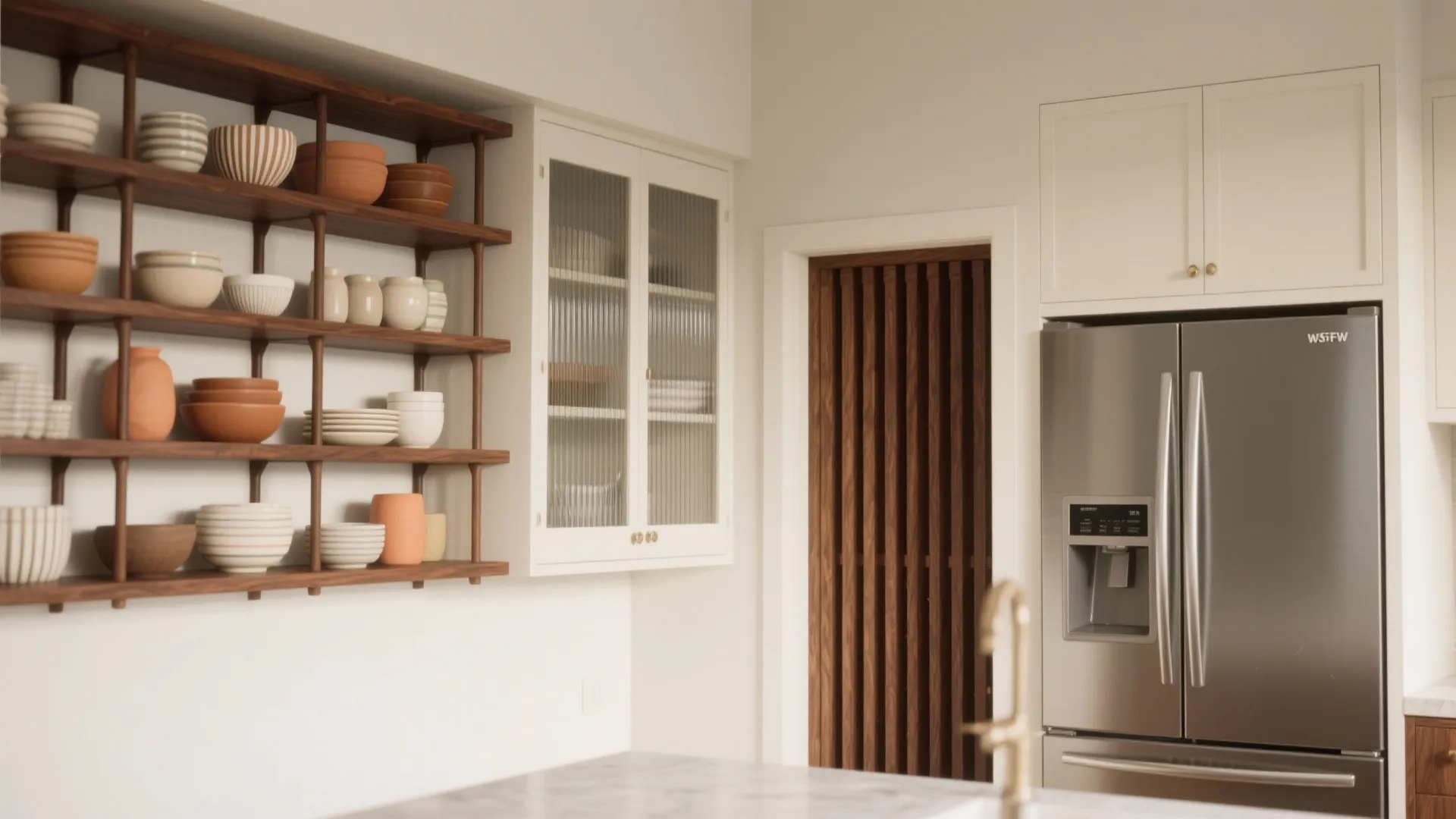 5) Open shelves, ribbed glass, and a pocket pantry