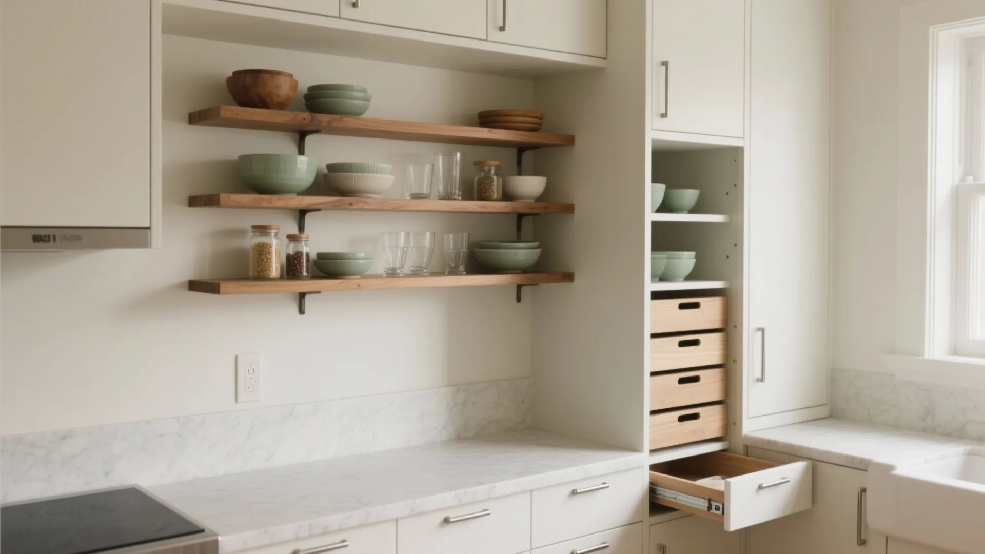 Tip 1: Trade bulky uppers for airy shelves (and one tall pantry)