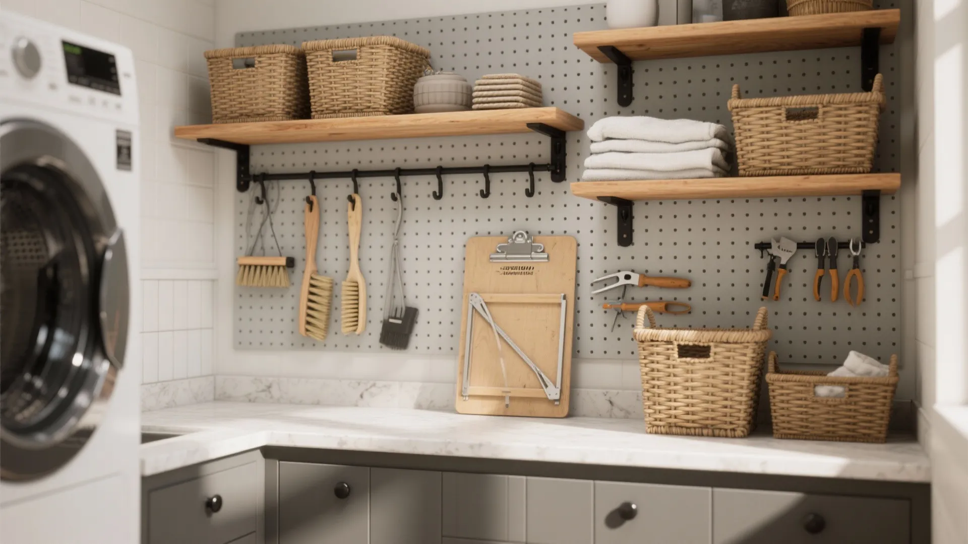5. Open shelving plus pegboard combo