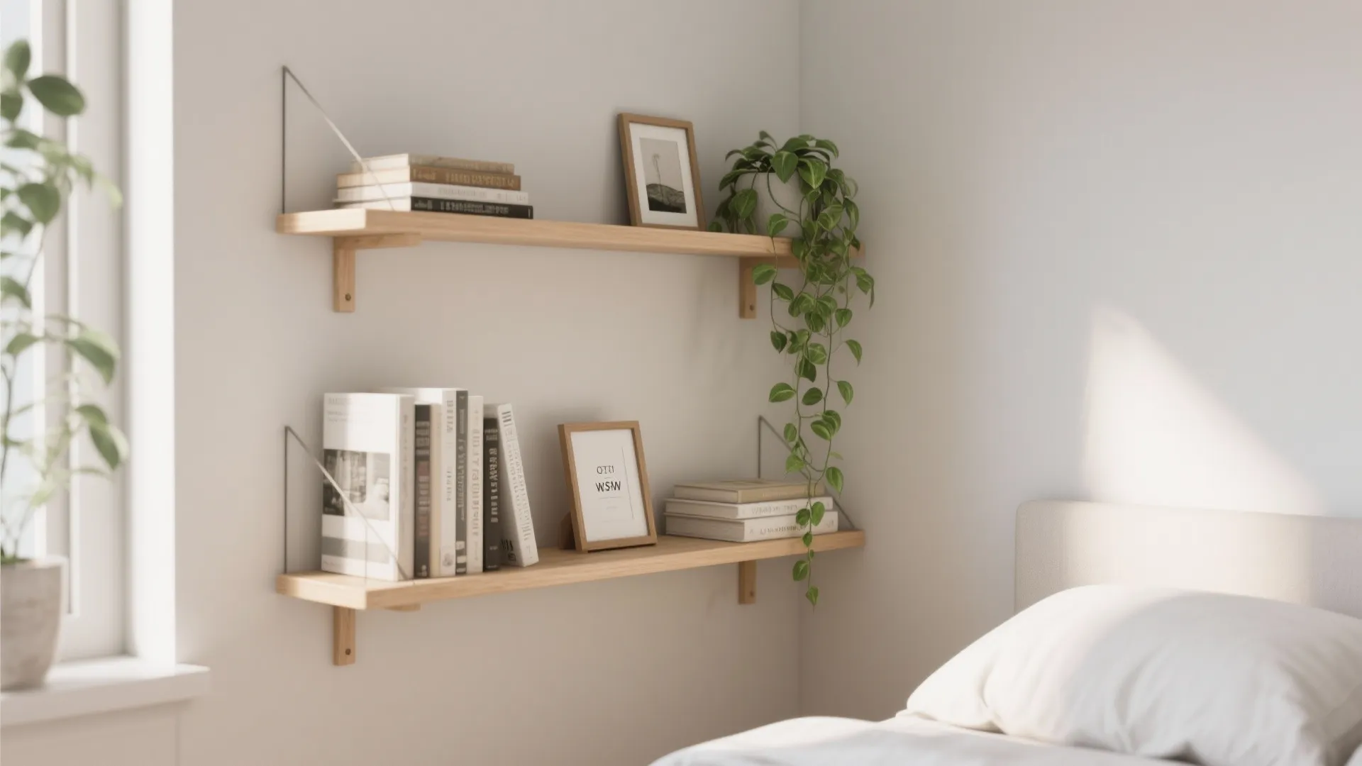 Two wooden wall shelves holding books picture frames and a green hanging plant in bedroom