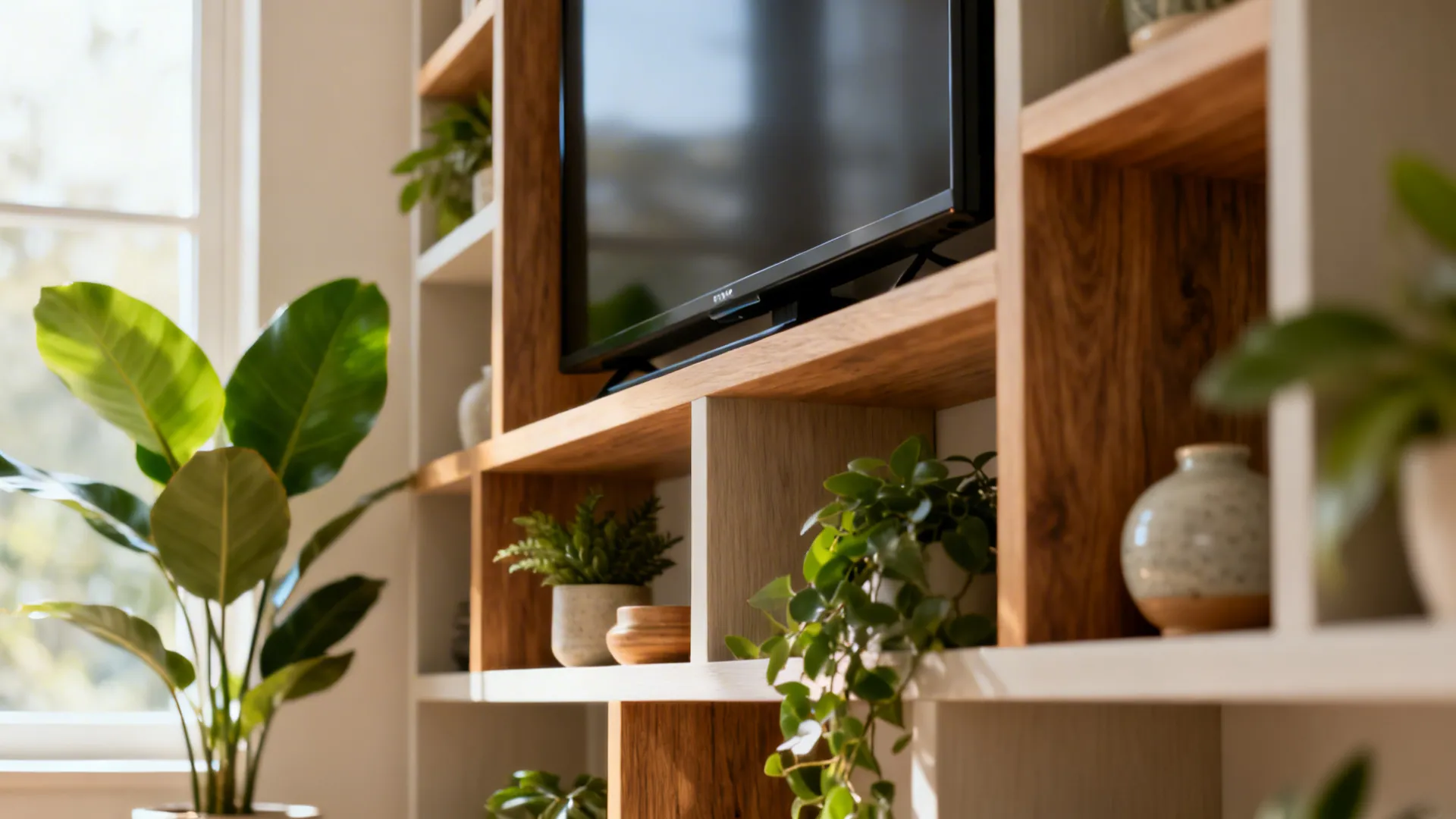 Staggered shelves with plants and decor surrounding a 32-inch TV, close-up of textures
