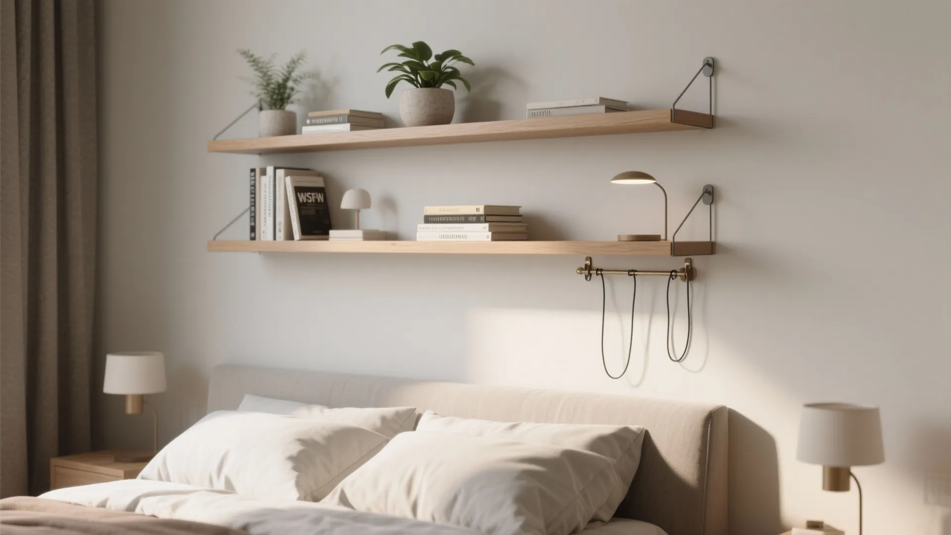 Two wooden wall shelves holding green plants and books above a bed with white pillows