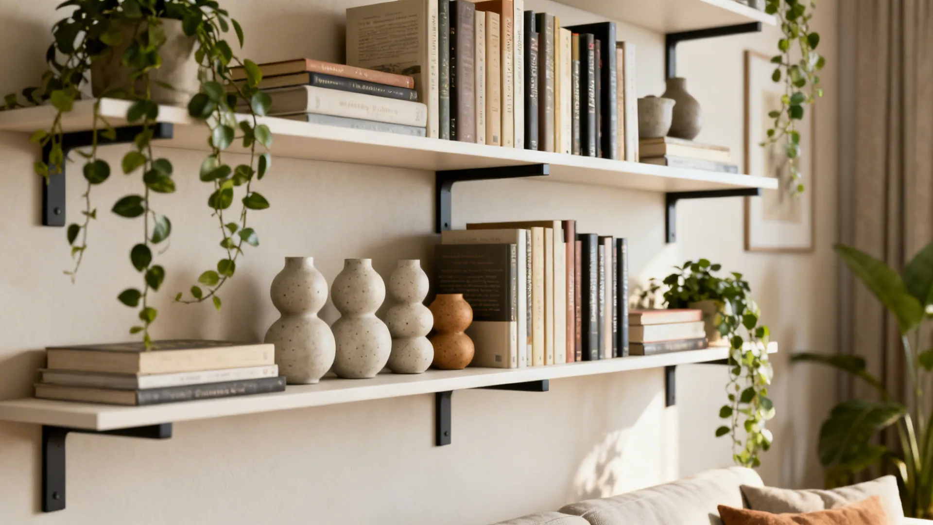 Floating shelves styled with books, objects grouped in threes, and trailing plants for functional decor.