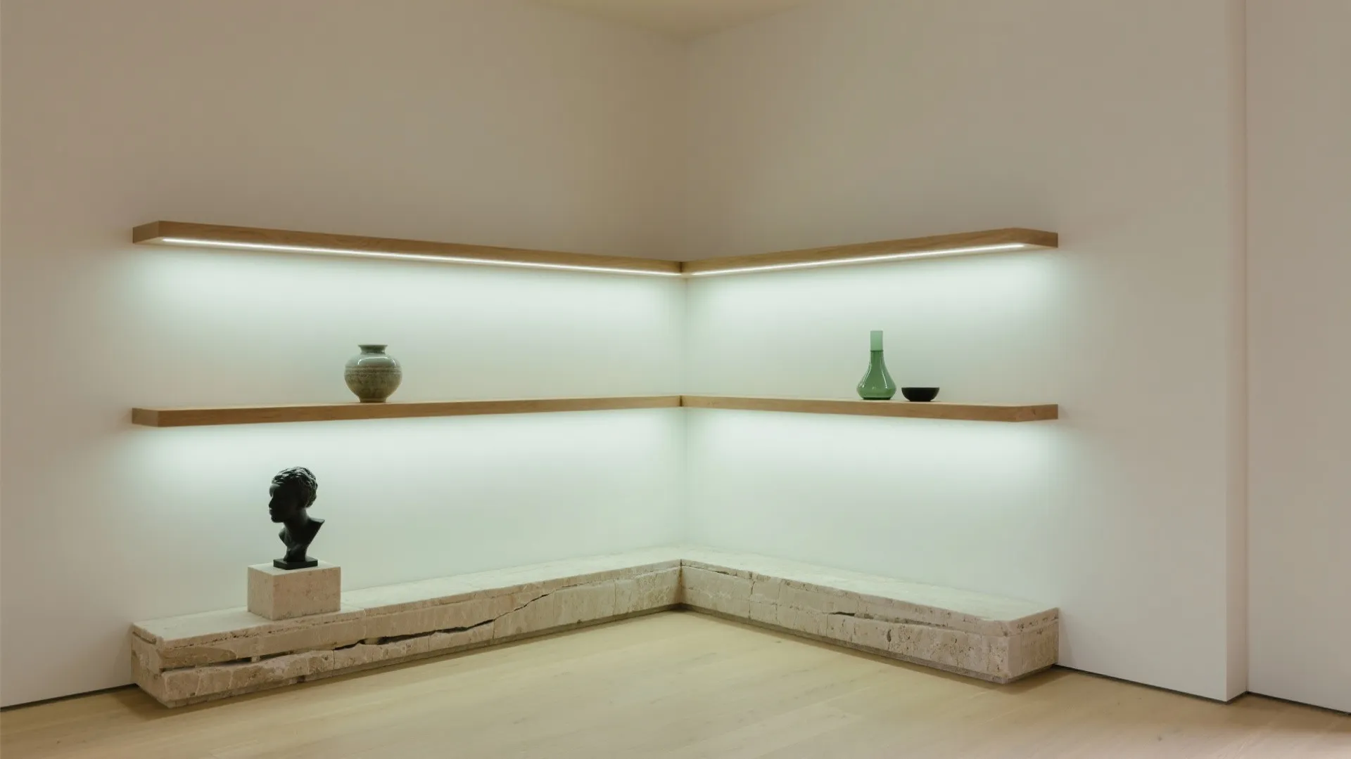 Wooden corner floating shelves with built-in lighting above a stone bench and small decorative art