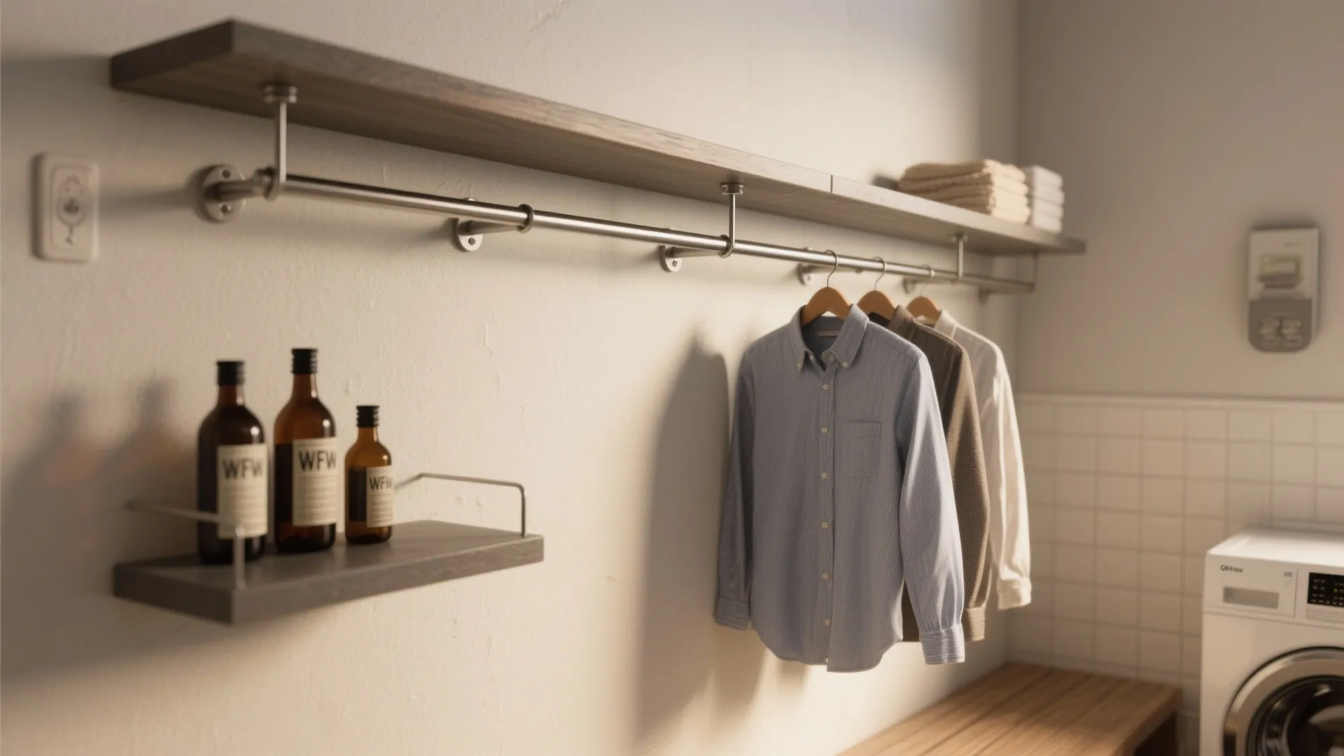 Modern laundry room featuring wooden wall shelves with metal hanging rod and three blue shirts