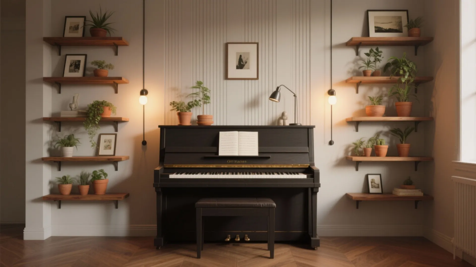 3. Frame it with floating shelving and vertical lighting