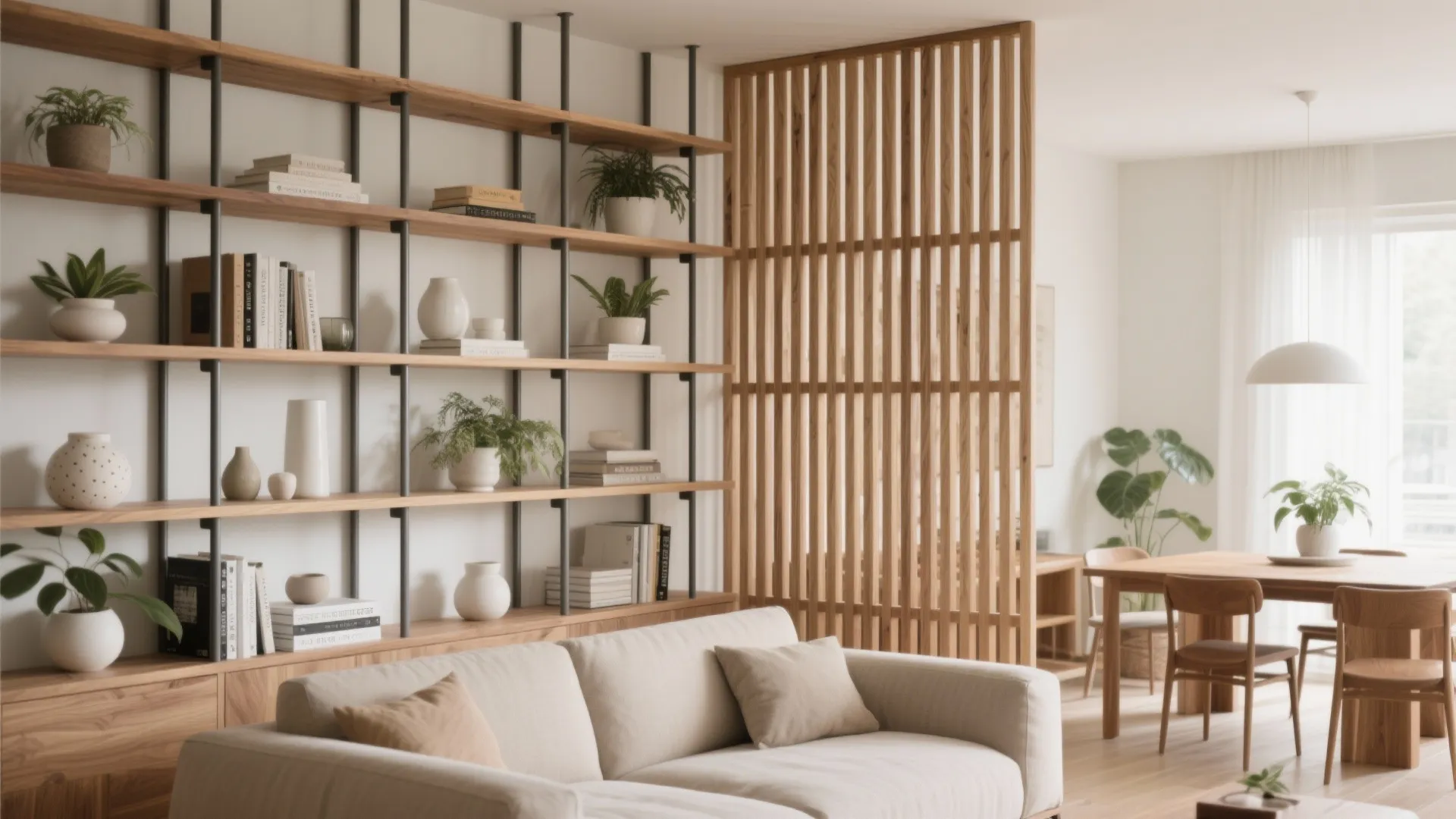 Tall open shelving and vertical oak slatted screen create a breathable divider between the sofa and dining table.