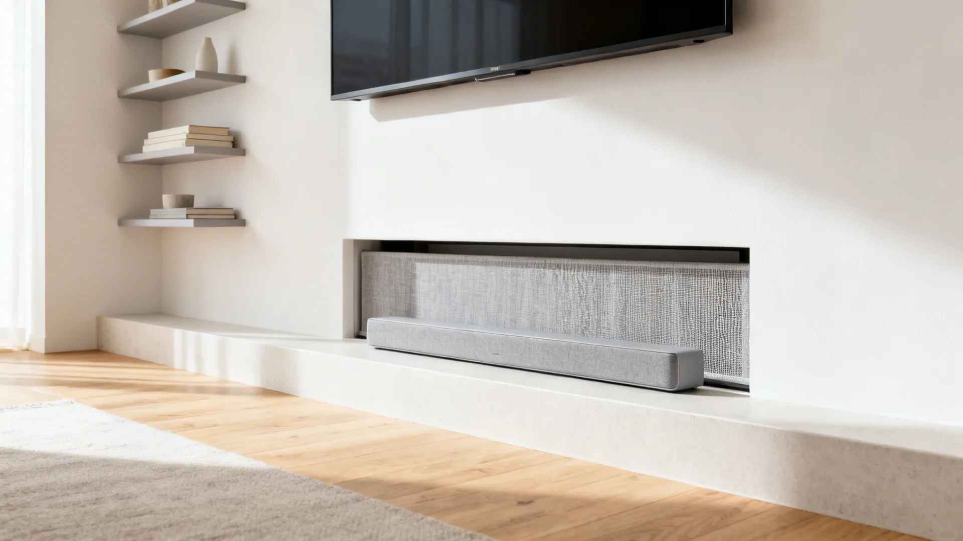 Airy TV wall with slim floating shelves and a hidden soundbar behind a fabric grille.