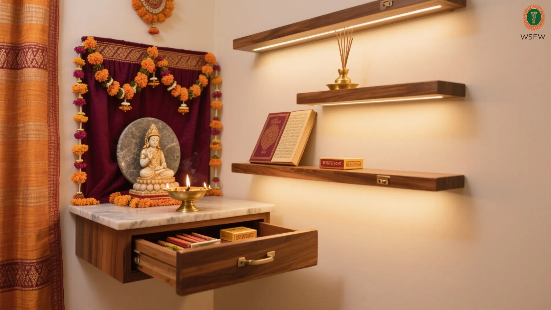 Floating shelves with concealed drawer, stone diya plate, and soft textiles for pooja wall storage.