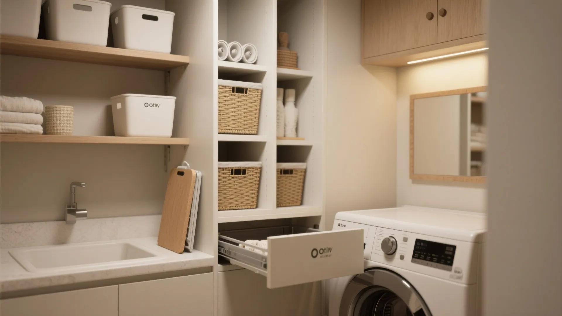 Vignette of a small laundry room showing layered shelving, LEDs, and tidy baskets.