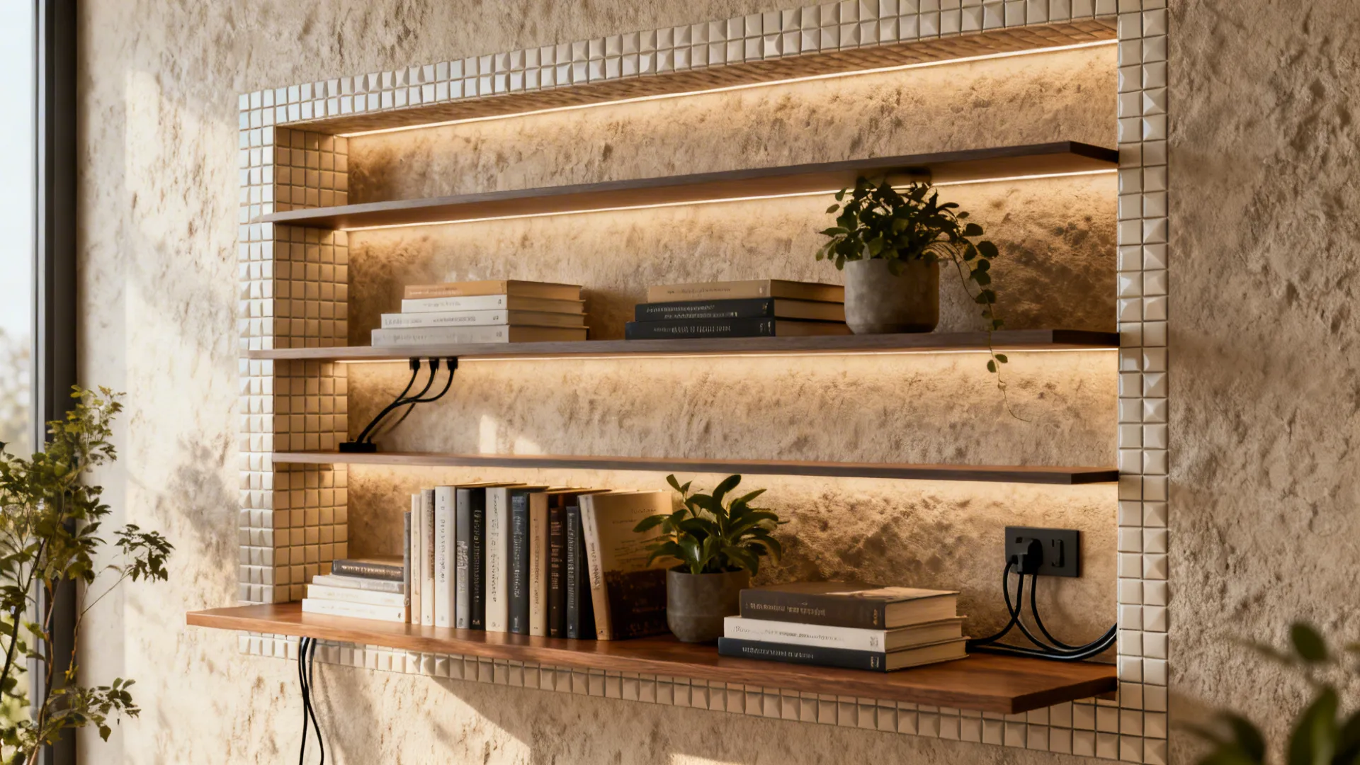 4. Combine 3D Tiles with Shelving for Functional Texture