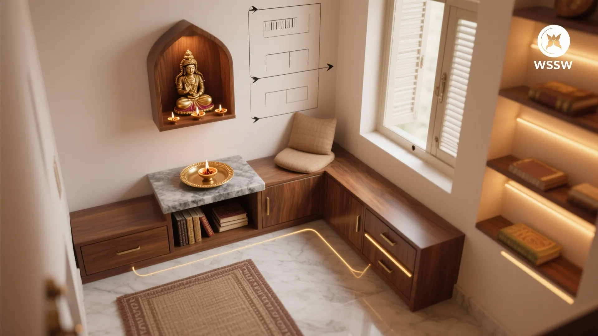 Top-down layout of compact pooja wall showing shelf heights and diya tray placement without text.