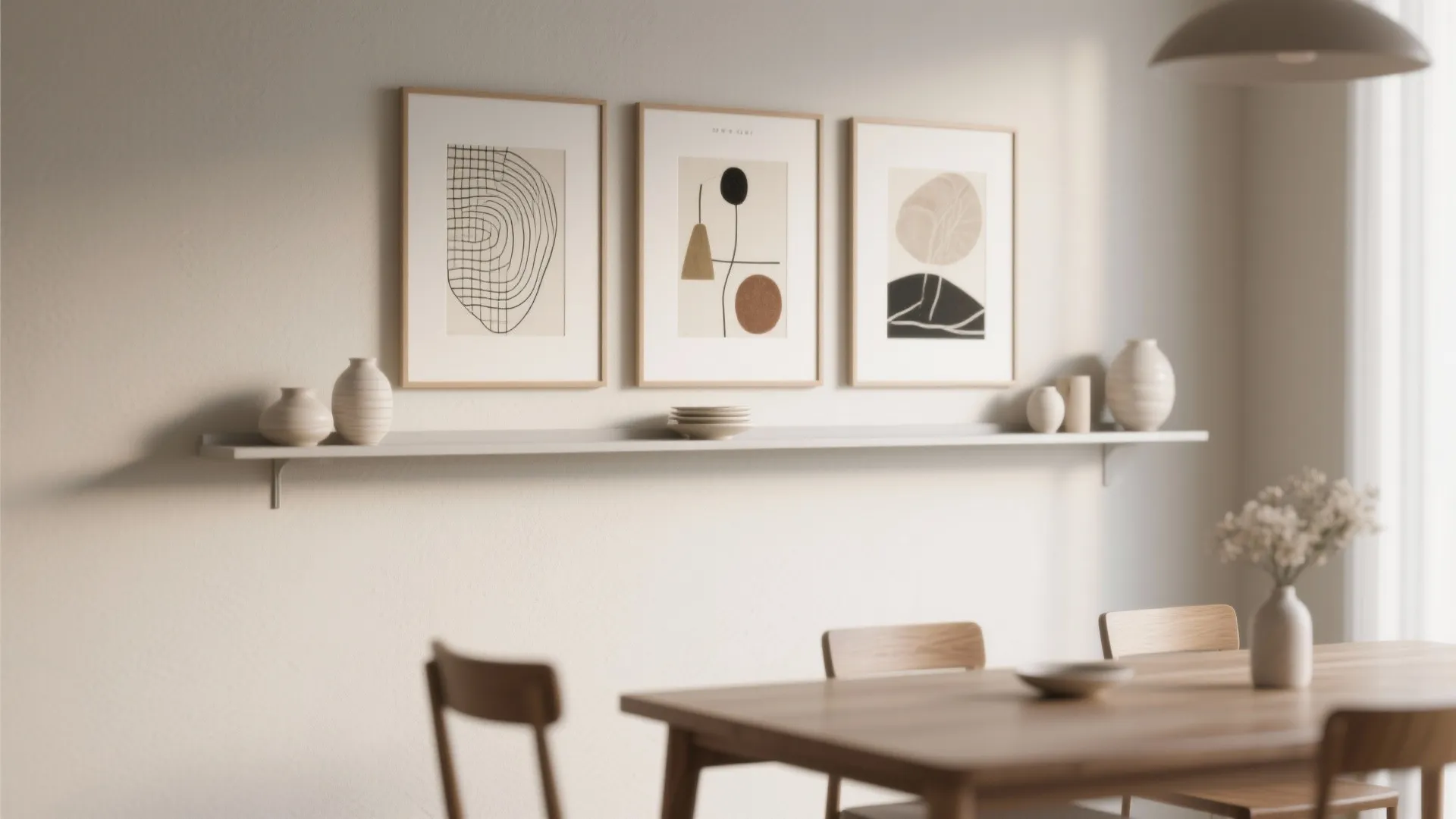 Minimalist dining room with three abstract wall art pieces above a long white floating shelf