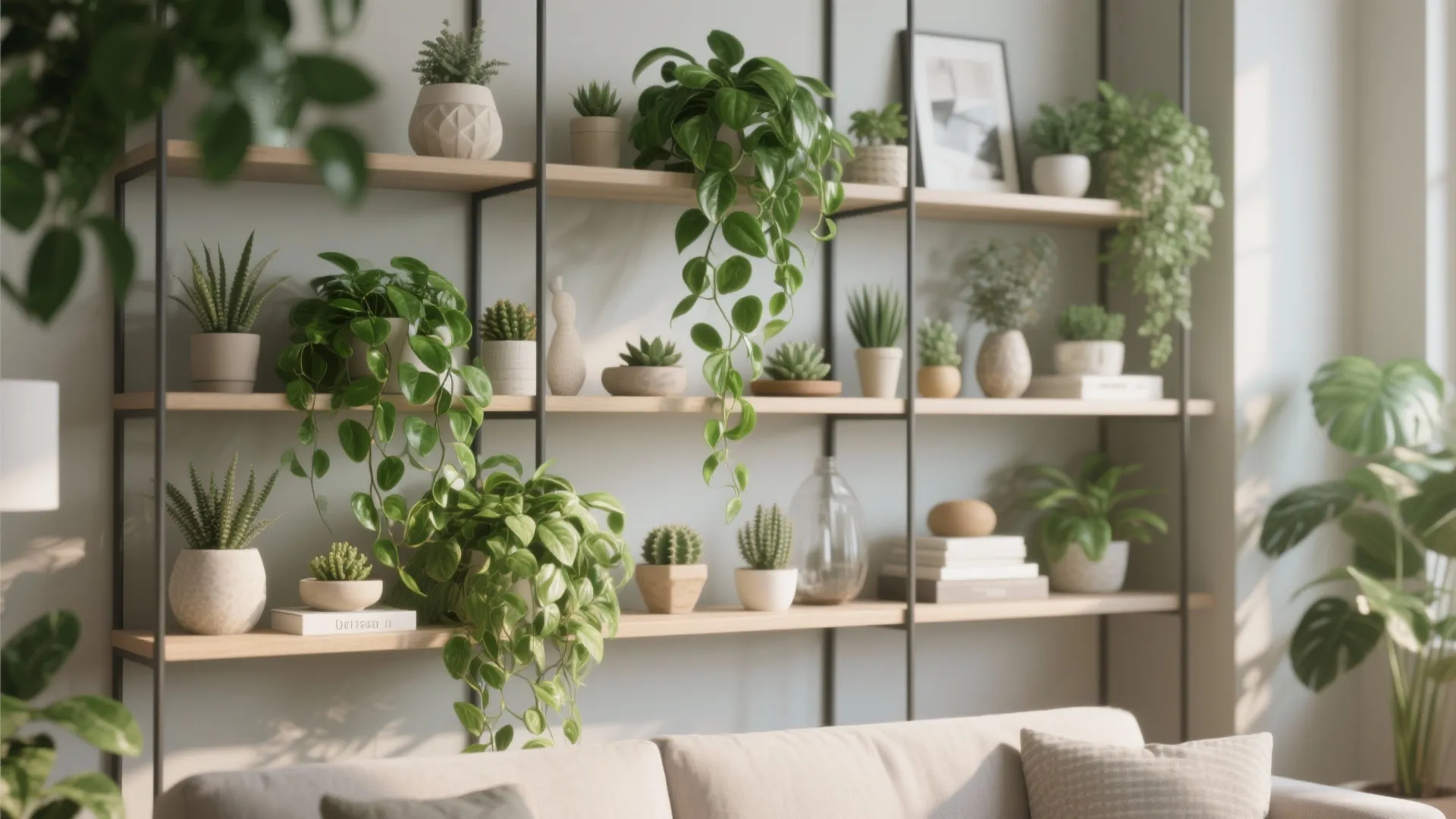Close up view of wooden wall shelves decorated with many small potted plants and green vines