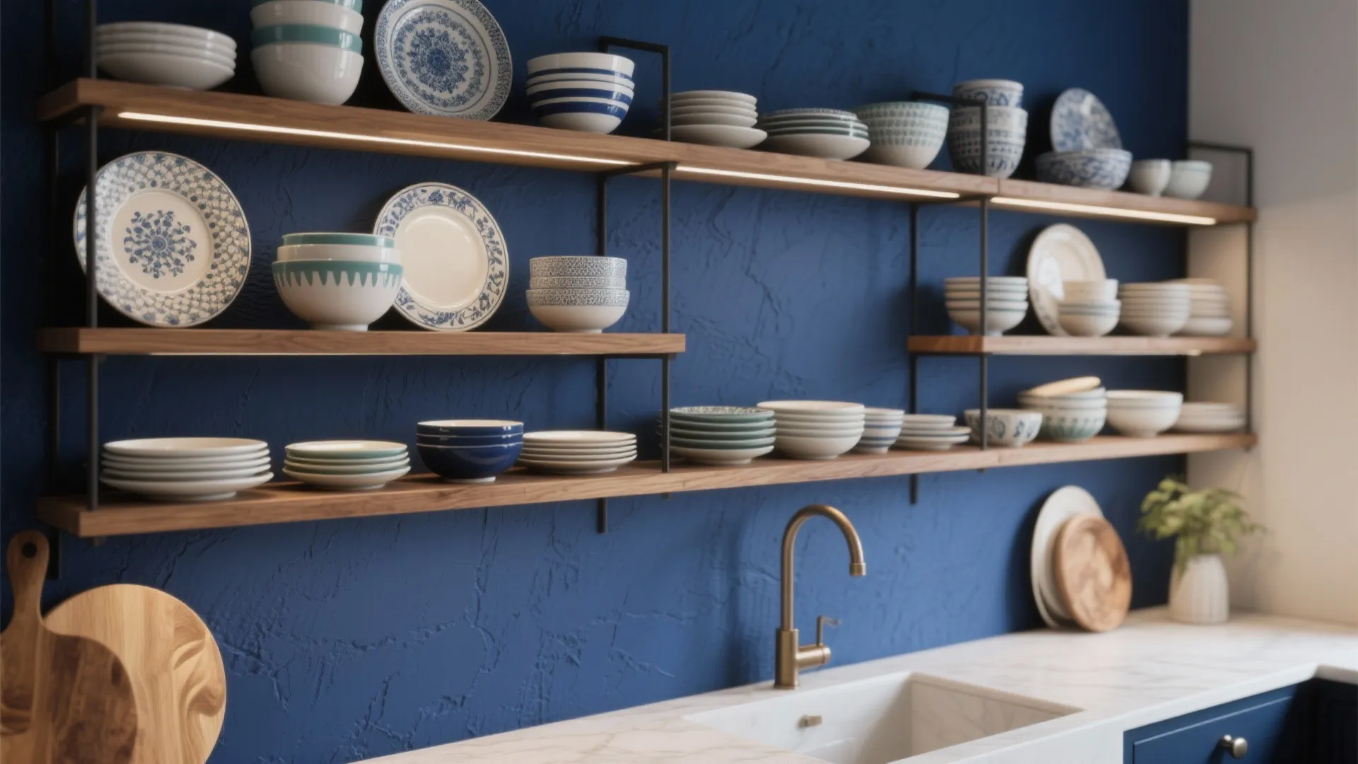 Kitchen with wooden shelves holding blue and white dishes against a textured dark blue wall