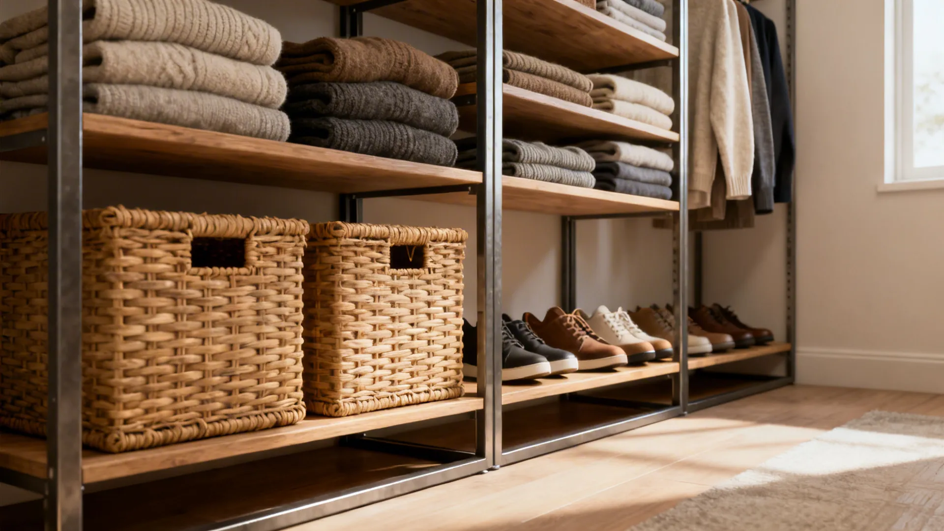 1. Use floor-to-ceiling open shelving with baskets