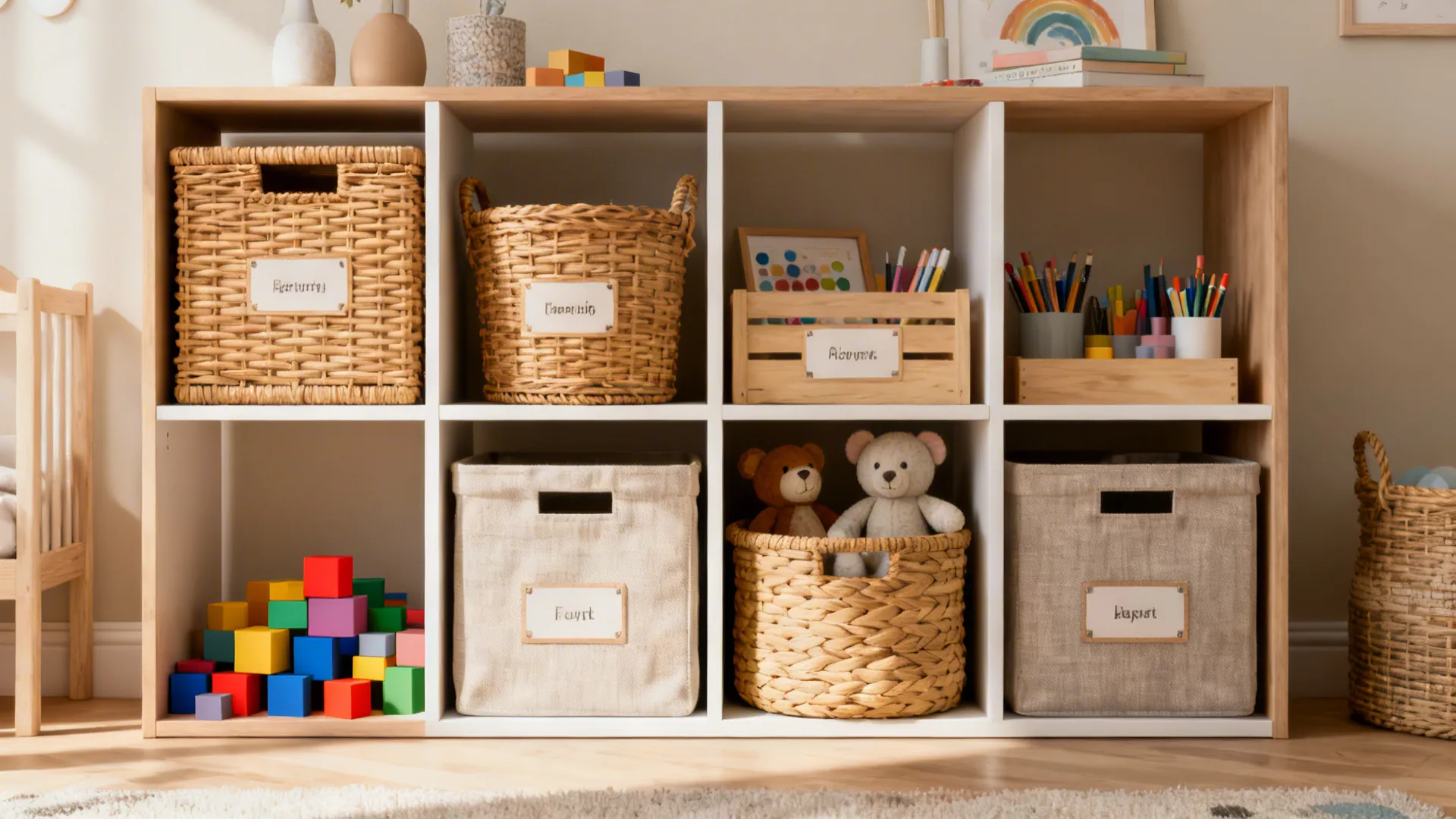 Modular shelving with wicker and fabric baskets labeled for different toys.