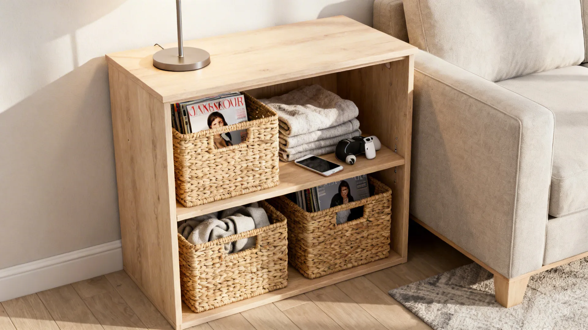 Side table with open shelving and woven baskets storing magazines and throws.
