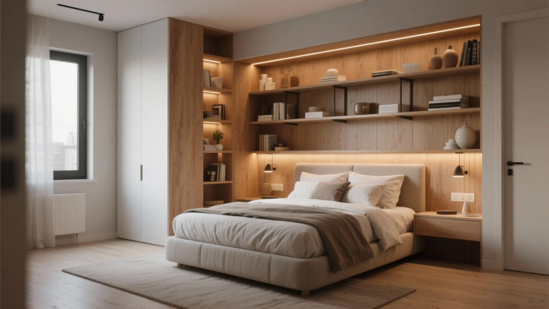 Modern bedroom with wooden shelving unit behind the bed and built in warm light fixtures