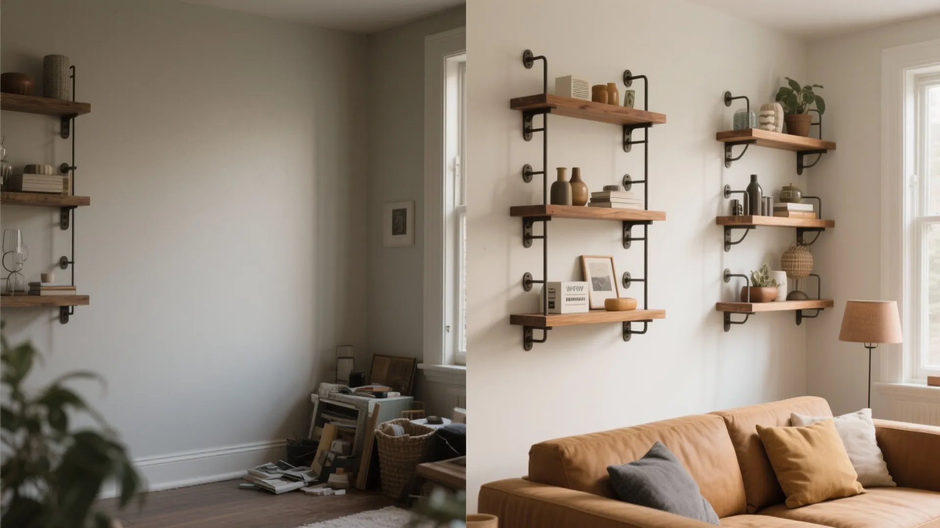 Wall-Mounted Iron Shelving Systems with Wood Accents