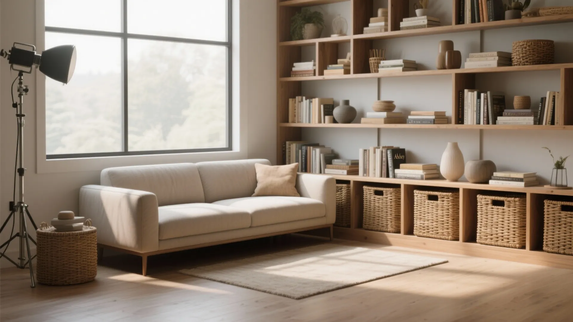 2. Create a multifunctional corner with shelving behind the sofa