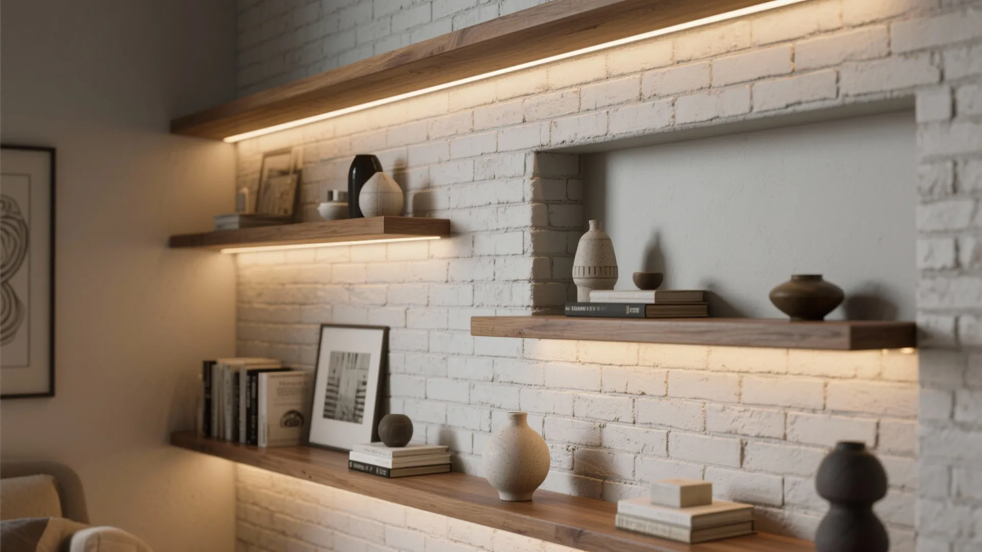 White brick wall with wooden floating shelves, warm strip lighting, decorative vases, books, and framed