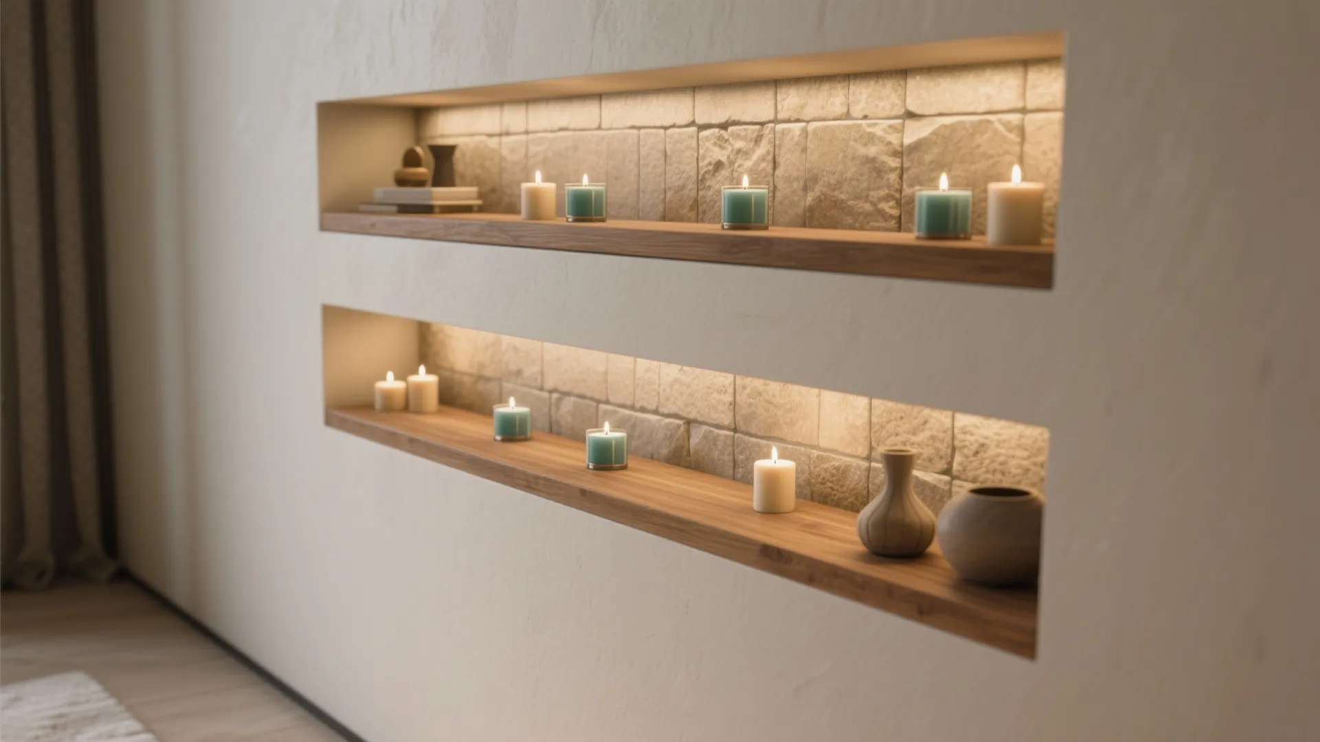 4. Integrated Shelving with Candle Recesses