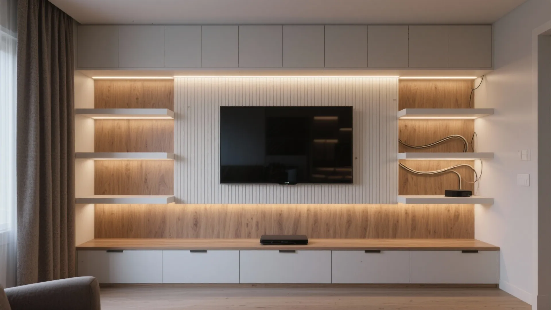 Built-in media shelving with concealed LED strips softly lighting objects around the TV.