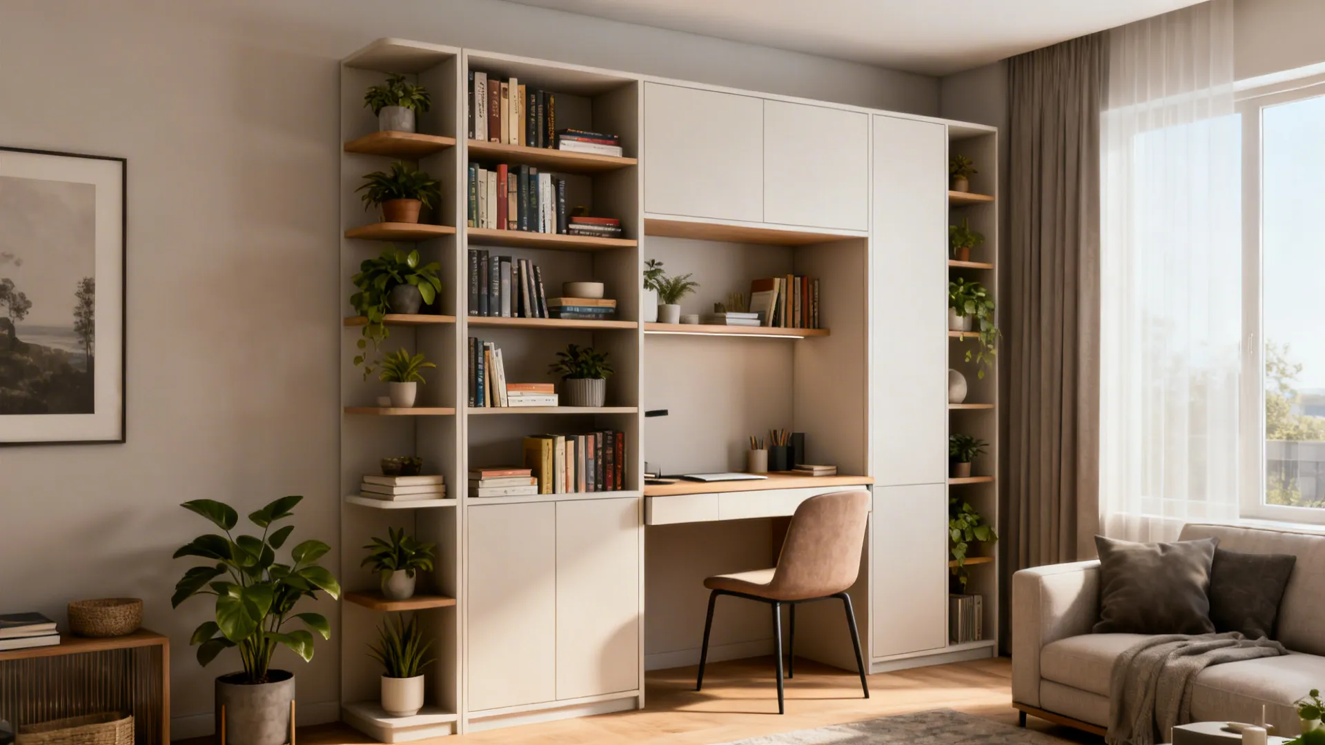 5. Multi-purpose shelving unit with integrated desk