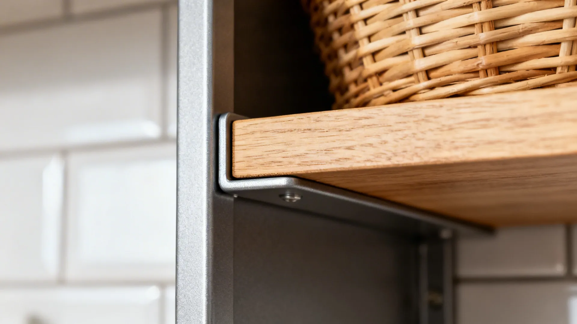 Close-up of powder-coated metal shelf with wood insert and woven basket.