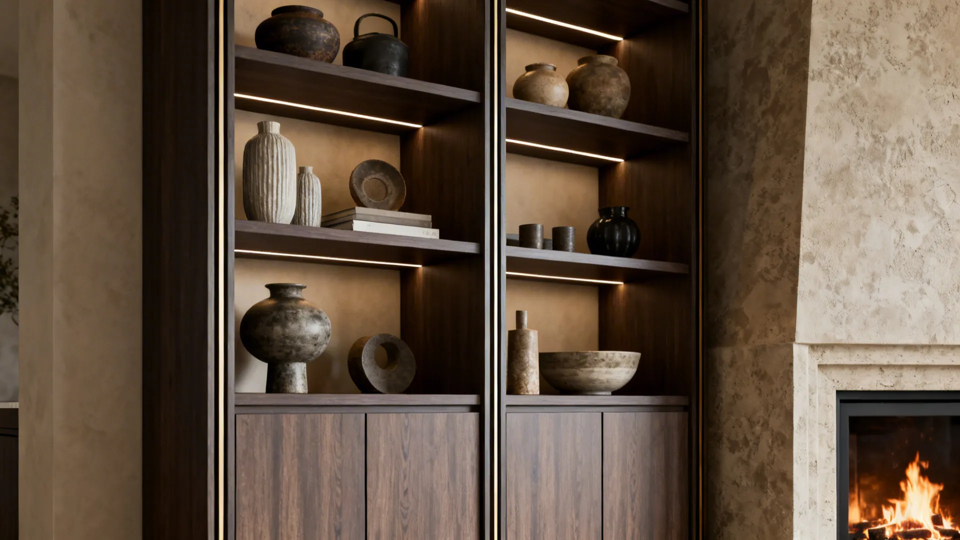 Tall shelving beside a corner fireplace with closed cabinets below and open display shelves above