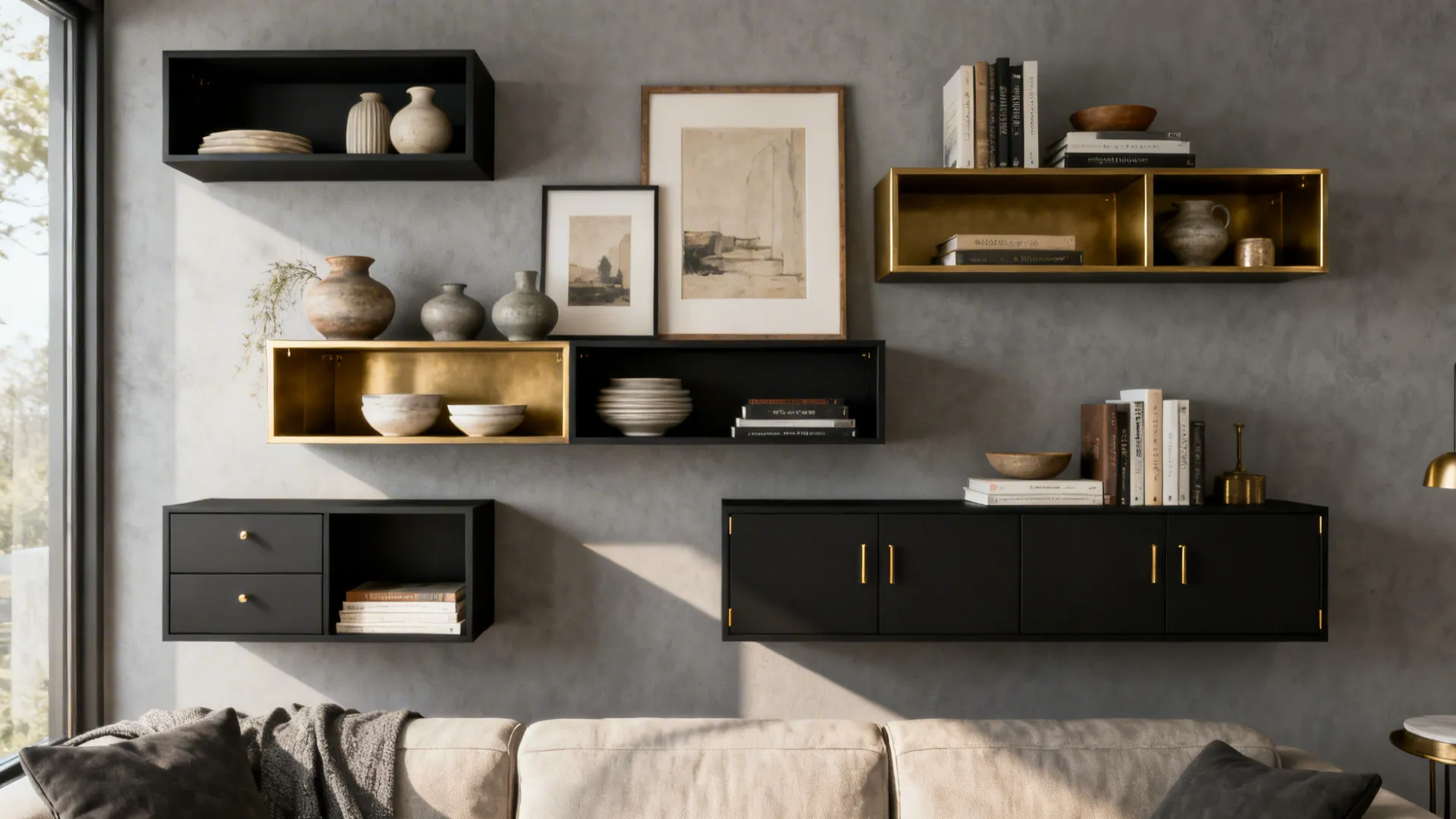 Grey wall with black and gold shelves holding books and vases above a beige sofa