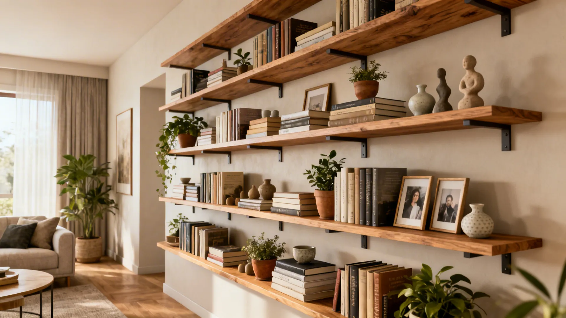 Open living room shelves styled with books, plants and art objects in display zones