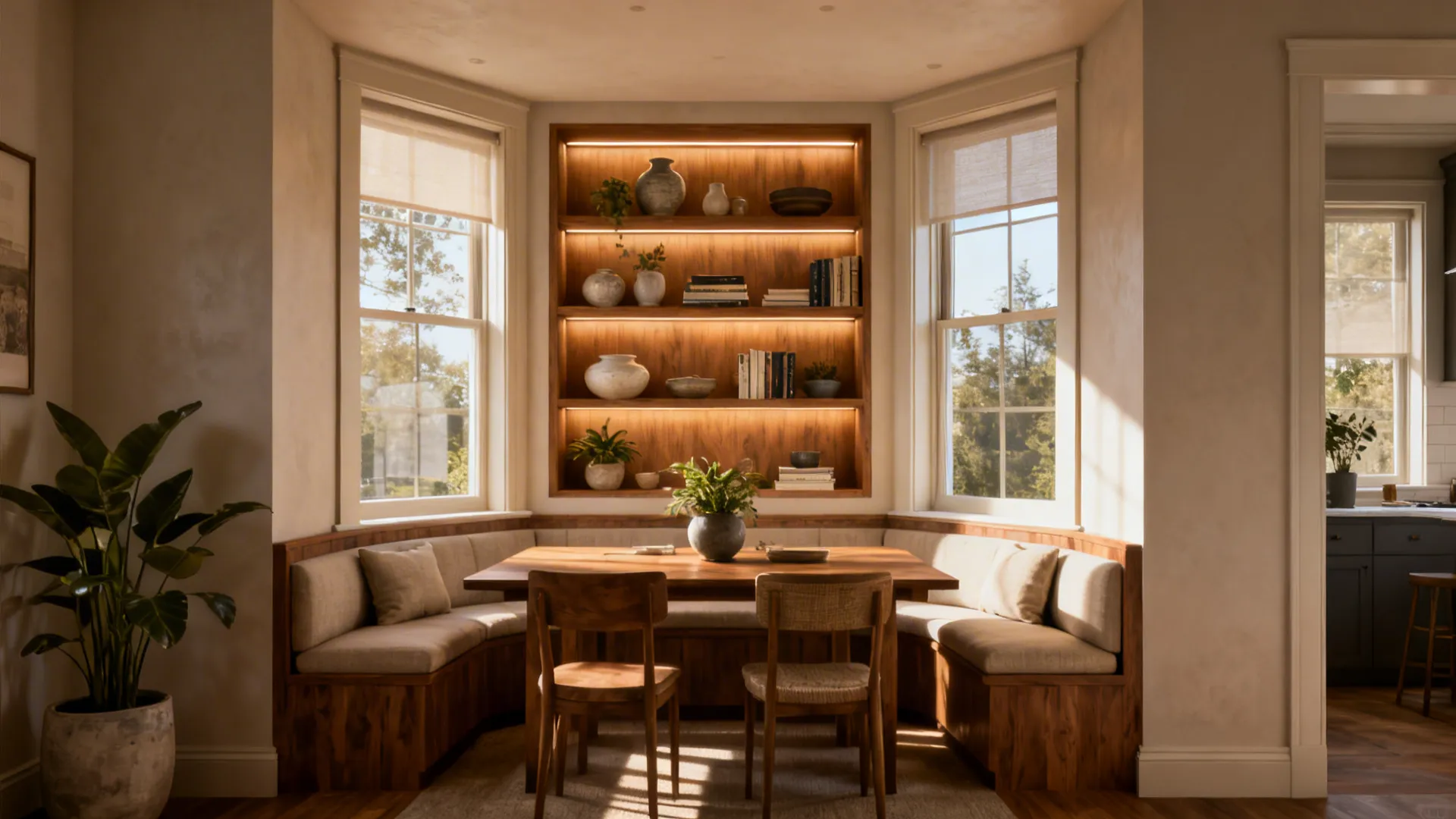 Built-in shelving and display niche in a dining bay with concealed lighting and ceramics.