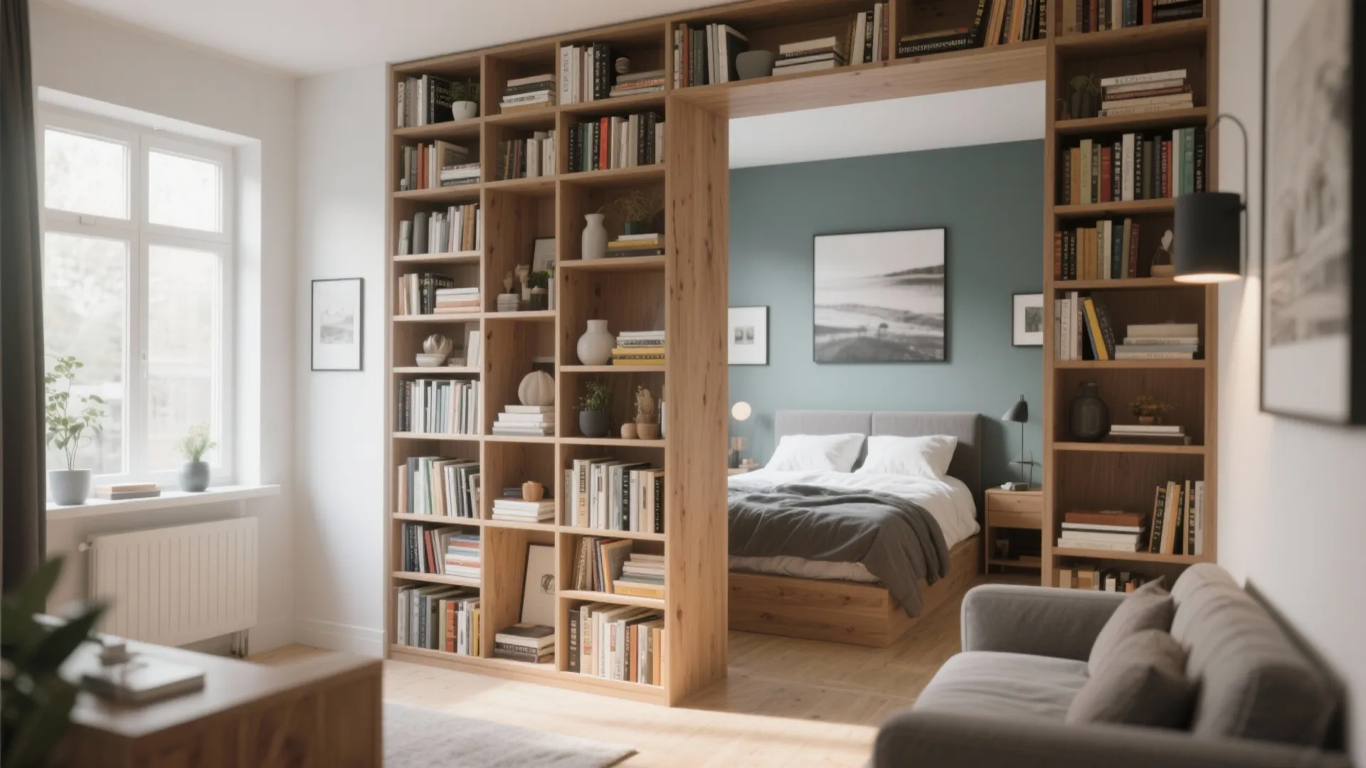 9. Floor-to-Ceiling Shelving as Divider
