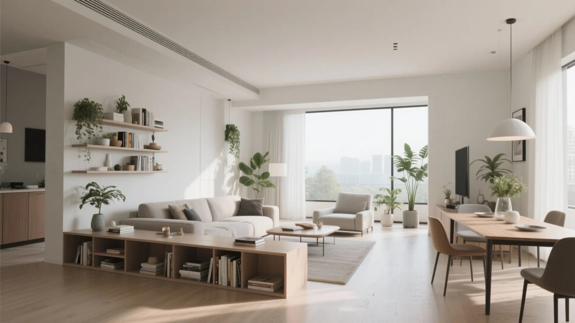 Modern bright living room with cream sofa low wooden bookshelf room divider and large window