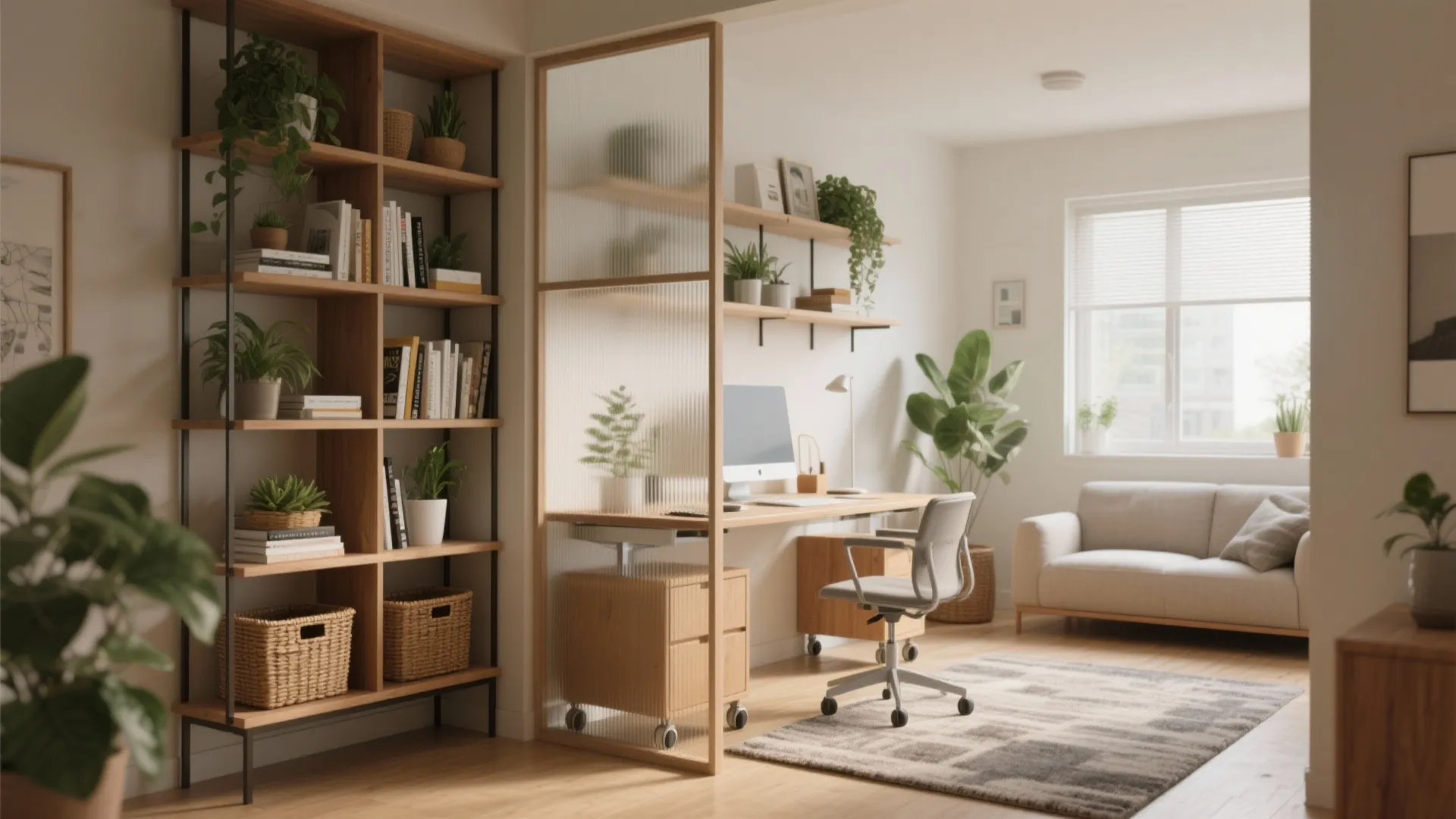 5. Open shelving room divider and portable desk