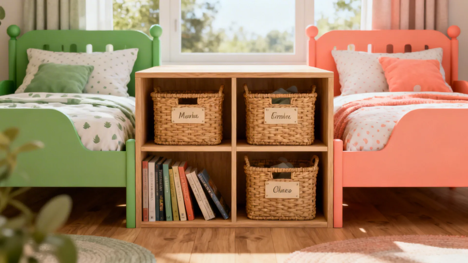 Low open shelving dividing two twin beds with labeled baskets and individualized accents