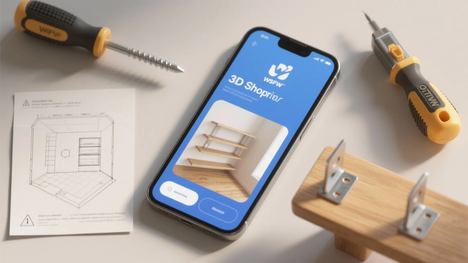 Smartphone app showing shelf design surrounded by screwdrivers and assembly tools on white table