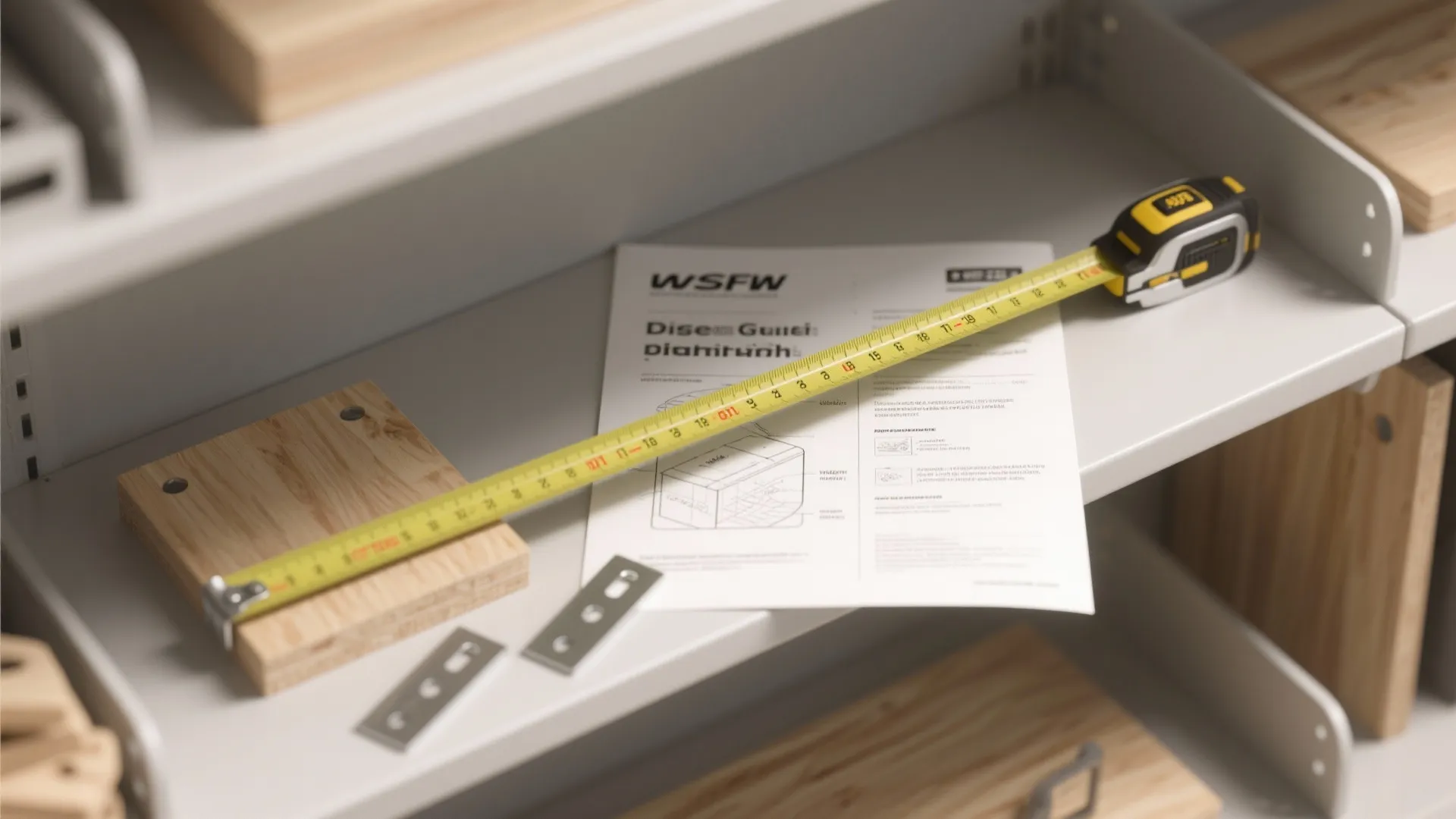 Yellow tape measure lying on a white shelf next to wood pieces and a paper guide