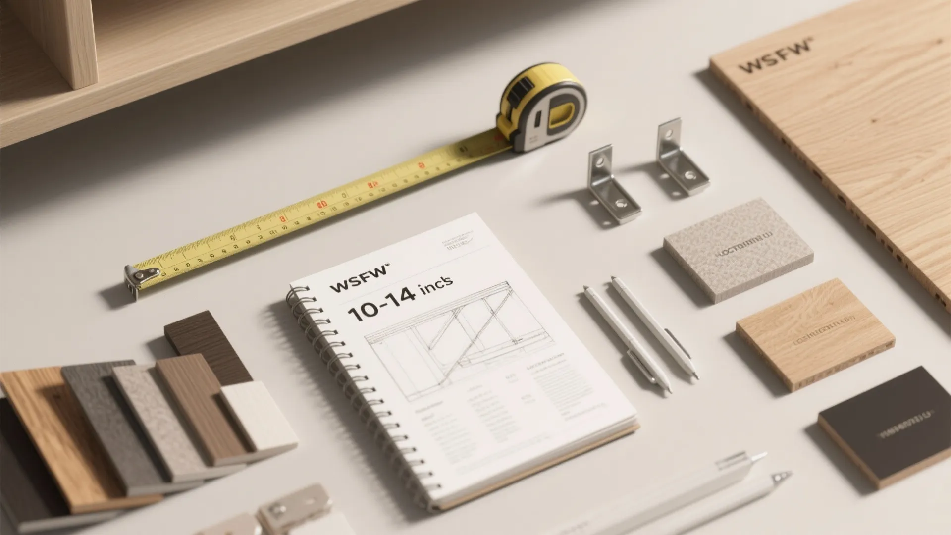 Design tools including a tape measure notebook wood samples and pens laid out on white table