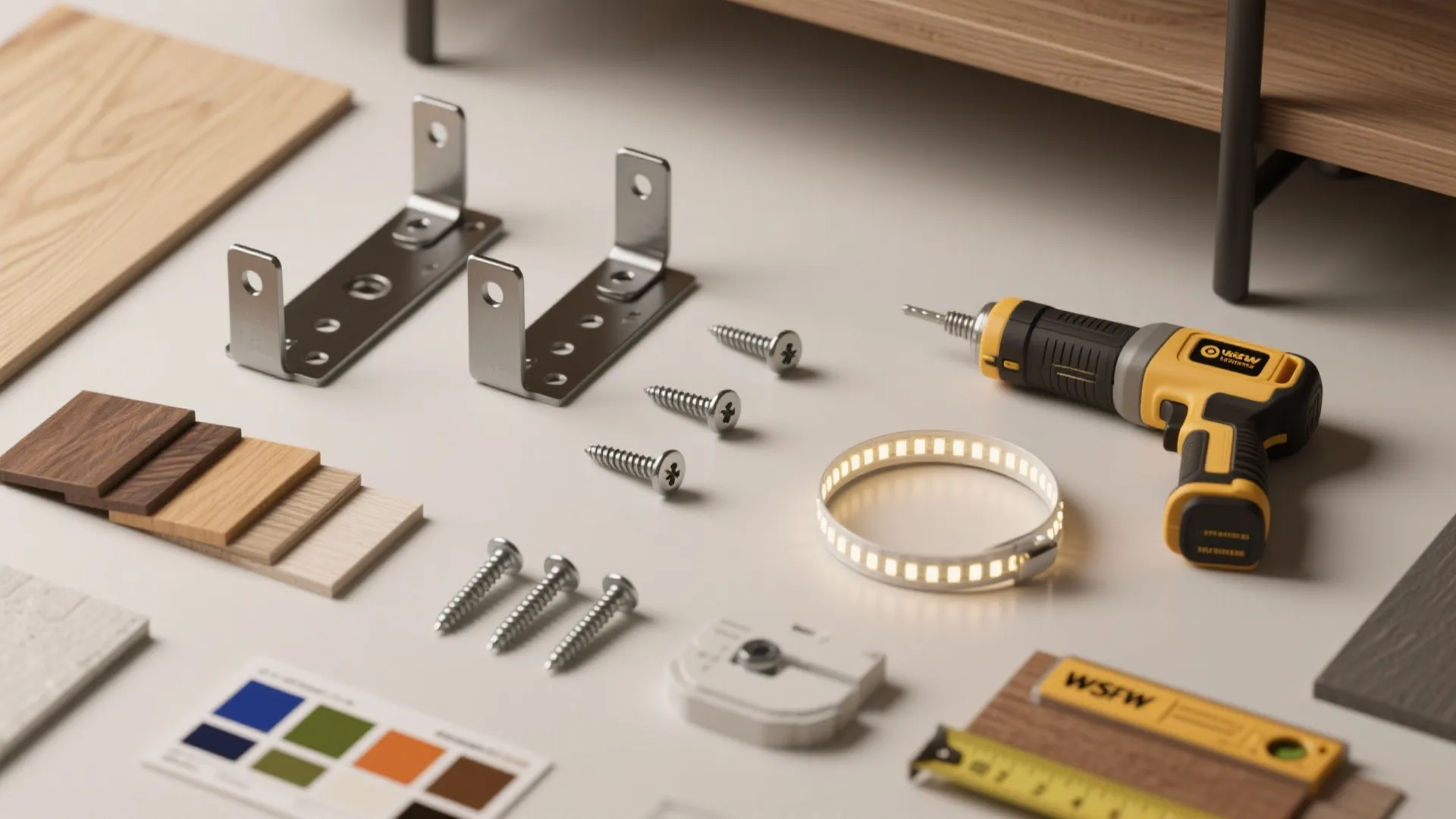 Assorted home repair tools including power drill, screws, metal brackets, light strip, and wood samples