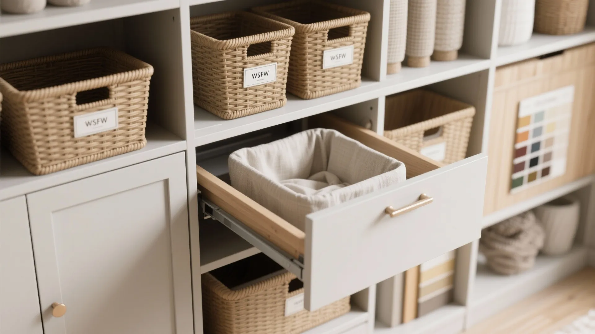 4. Multi-Use Shelving and Hidden Hampers